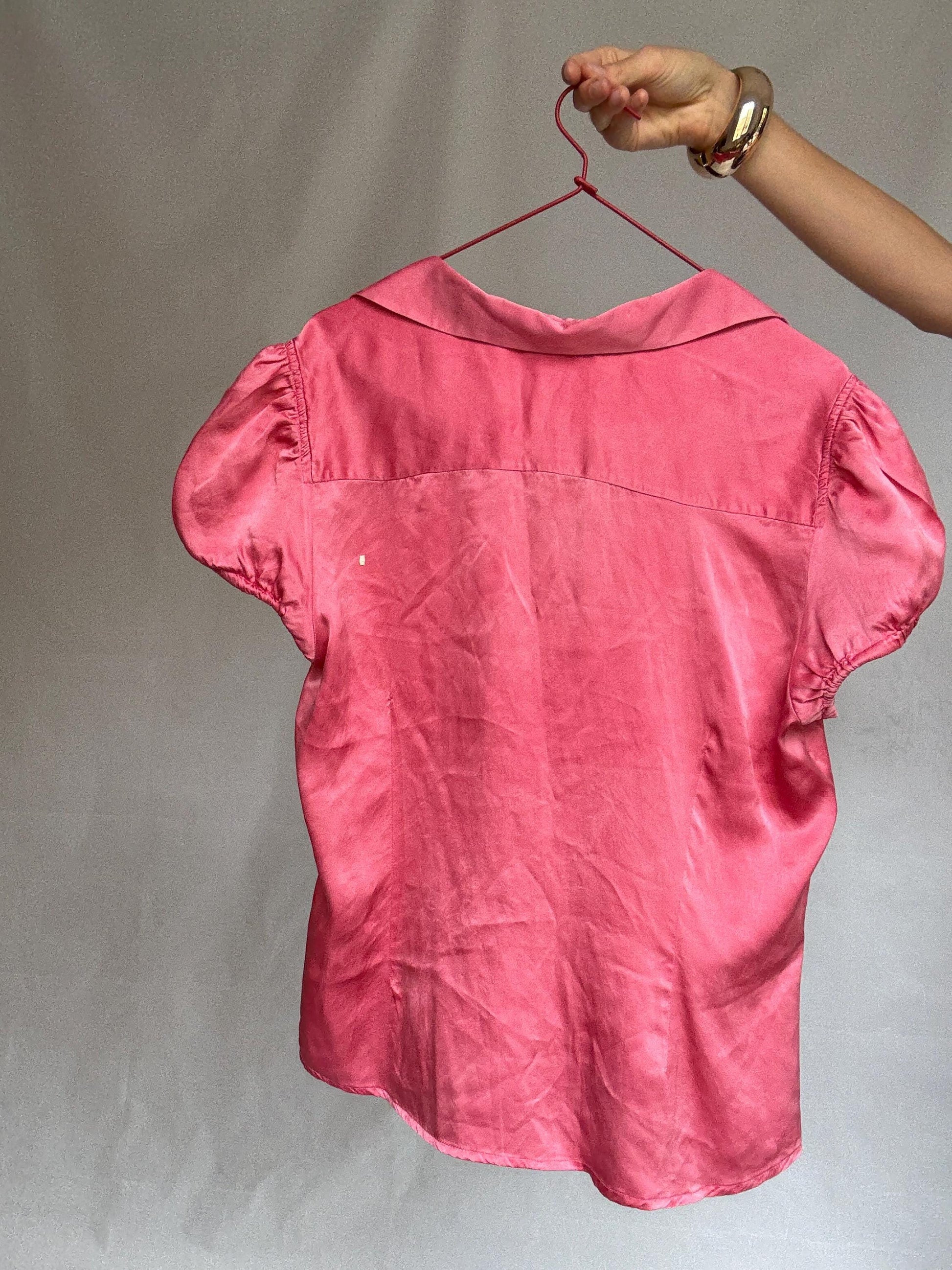 Pink silk blouse, classic fit, v neck with button front, puffed sleeves, romantic cottagecore, US XL, versatile everyday wear