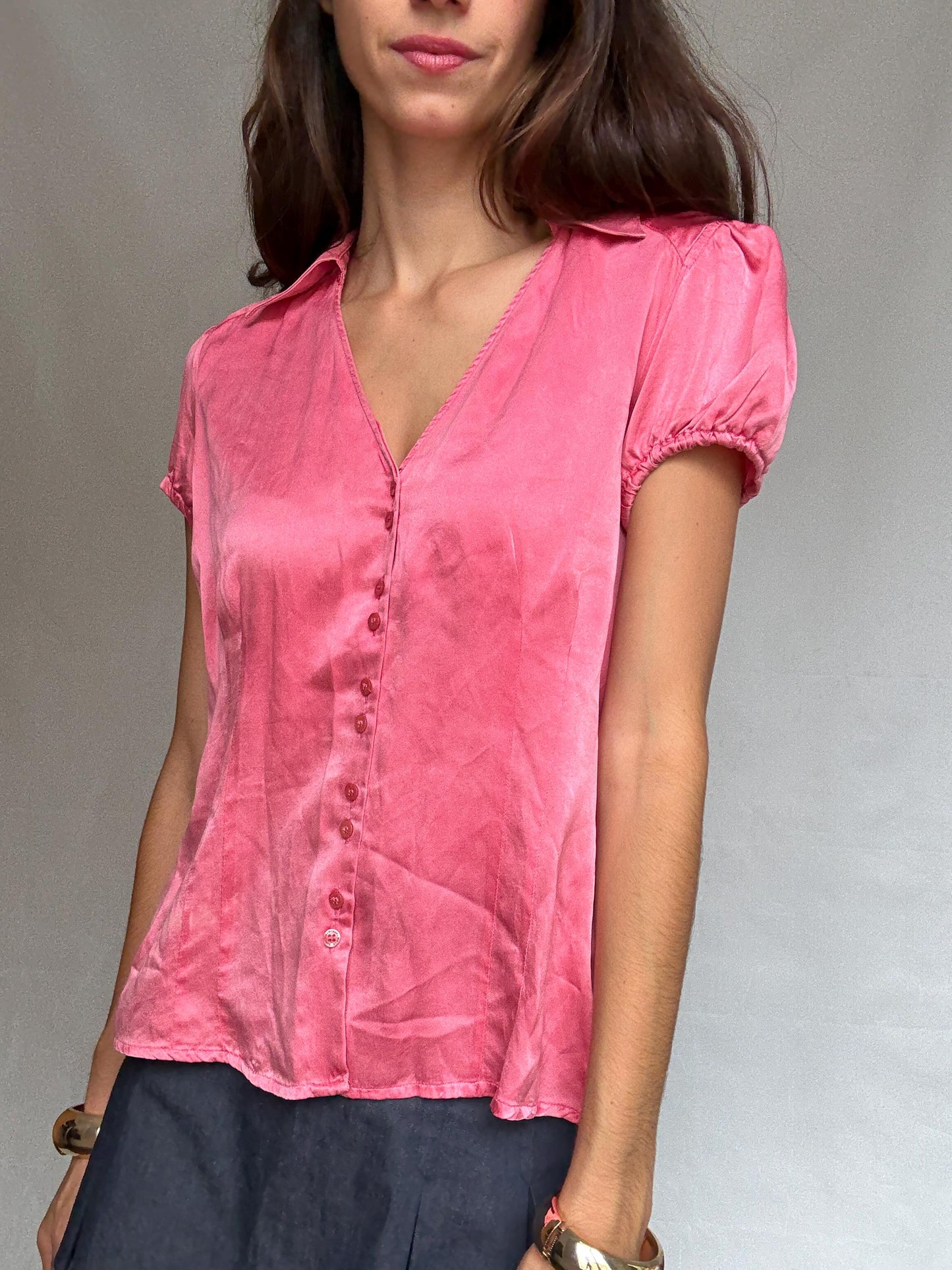 Pink silk blouse, classic fit, v neck with button front, puffed sleeves, romantic cottagecore, US XL, versatile everyday wear