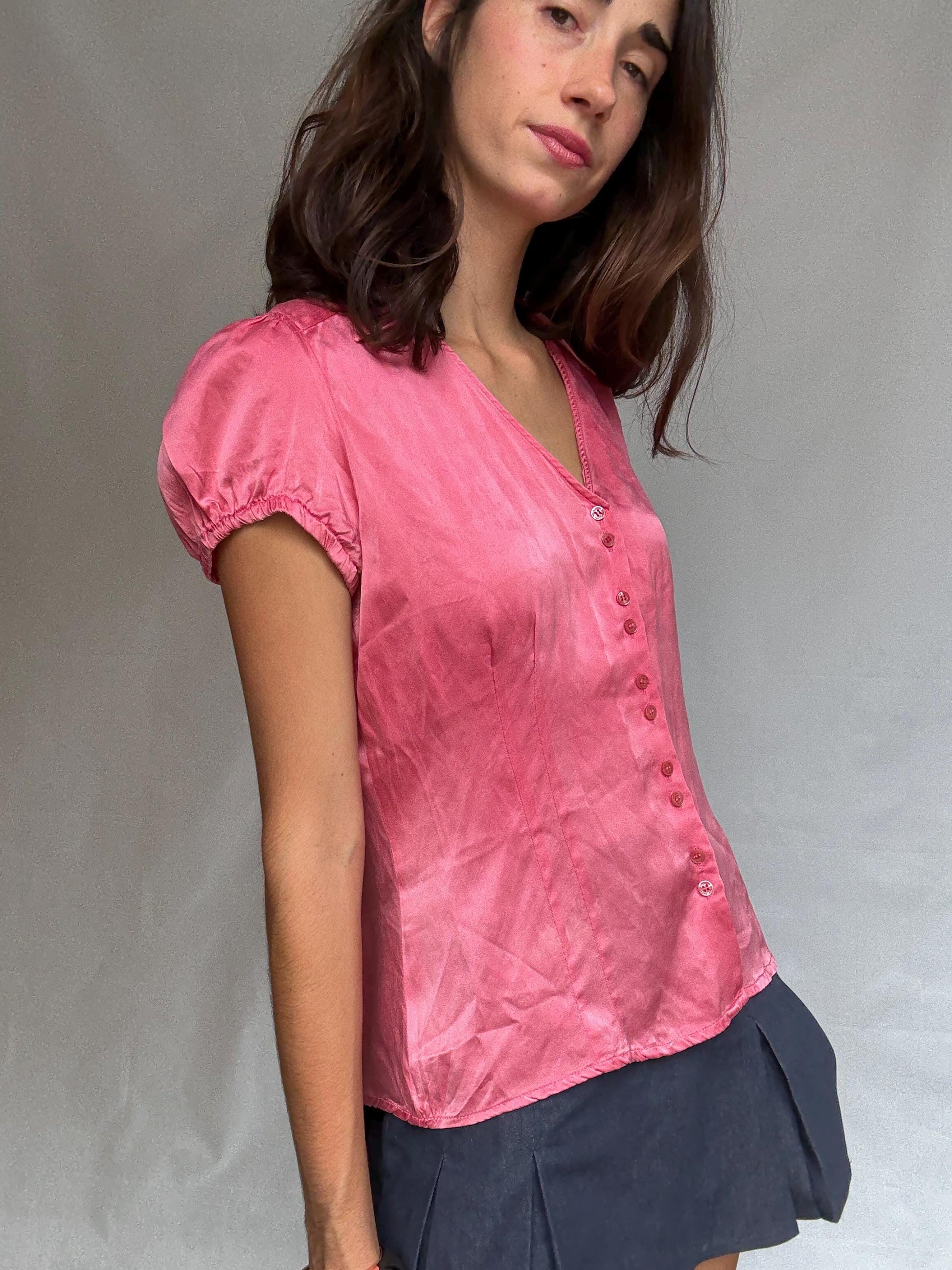 Pink silk blouse, classic fit, v neck with button front, puffed sleeves, romantic cottagecore, US XL, versatile everyday wear
