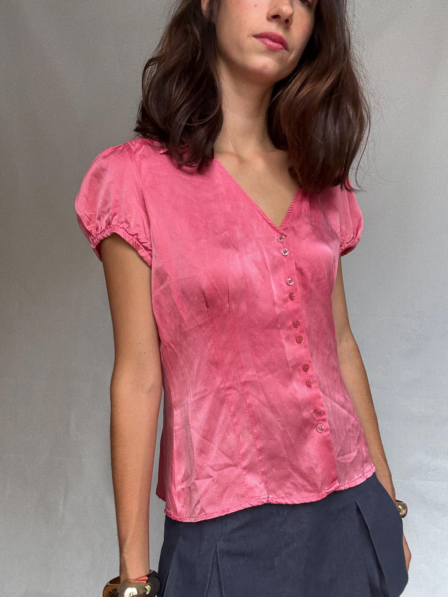 Pink silk blouse, classic fit, v neck with button front, puffed sleeves, romantic cottagecore, US XL, versatile everyday wear