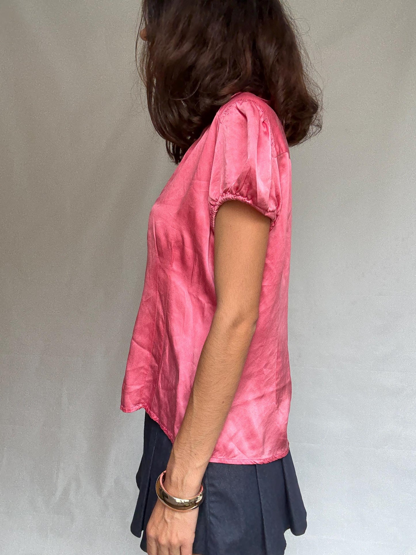 Pink silk blouse, classic fit, v neck with button front, puffed sleeves, romantic cottagecore, US XL, versatile everyday wear