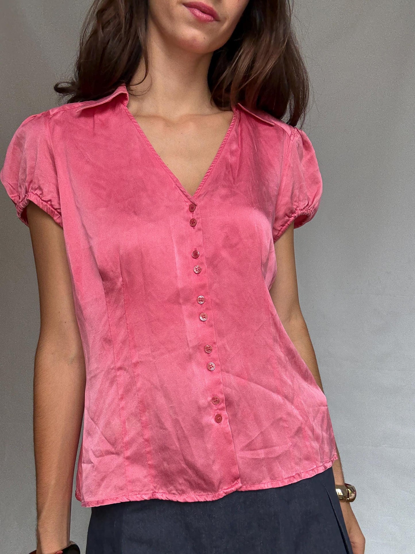 Pink silk blouse, classic fit, v neck with button front, puffed sleeves, romantic cottagecore, US XL, versatile everyday wear