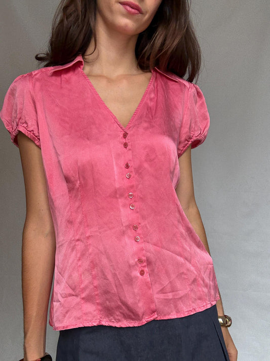 Pink silk blouse, classic fit, v neck with button front, puffed sleeves, romantic cottagecore, US XL, versatile everyday wear