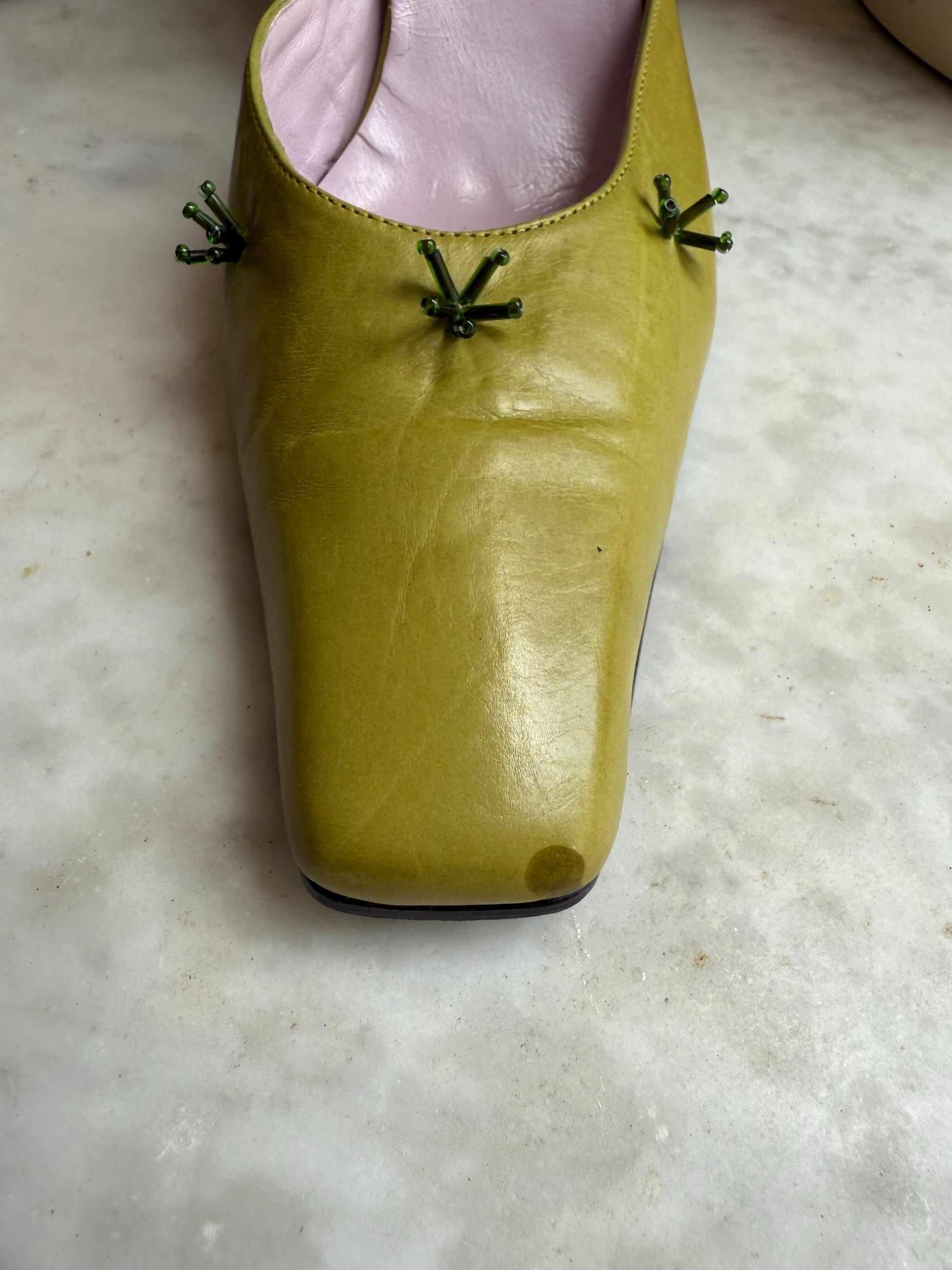 Damaged - Y2K vintage slingback heels – lime green leather – Luciangel Spain – size EU40 – 8cm heel – real leather square toe shoes