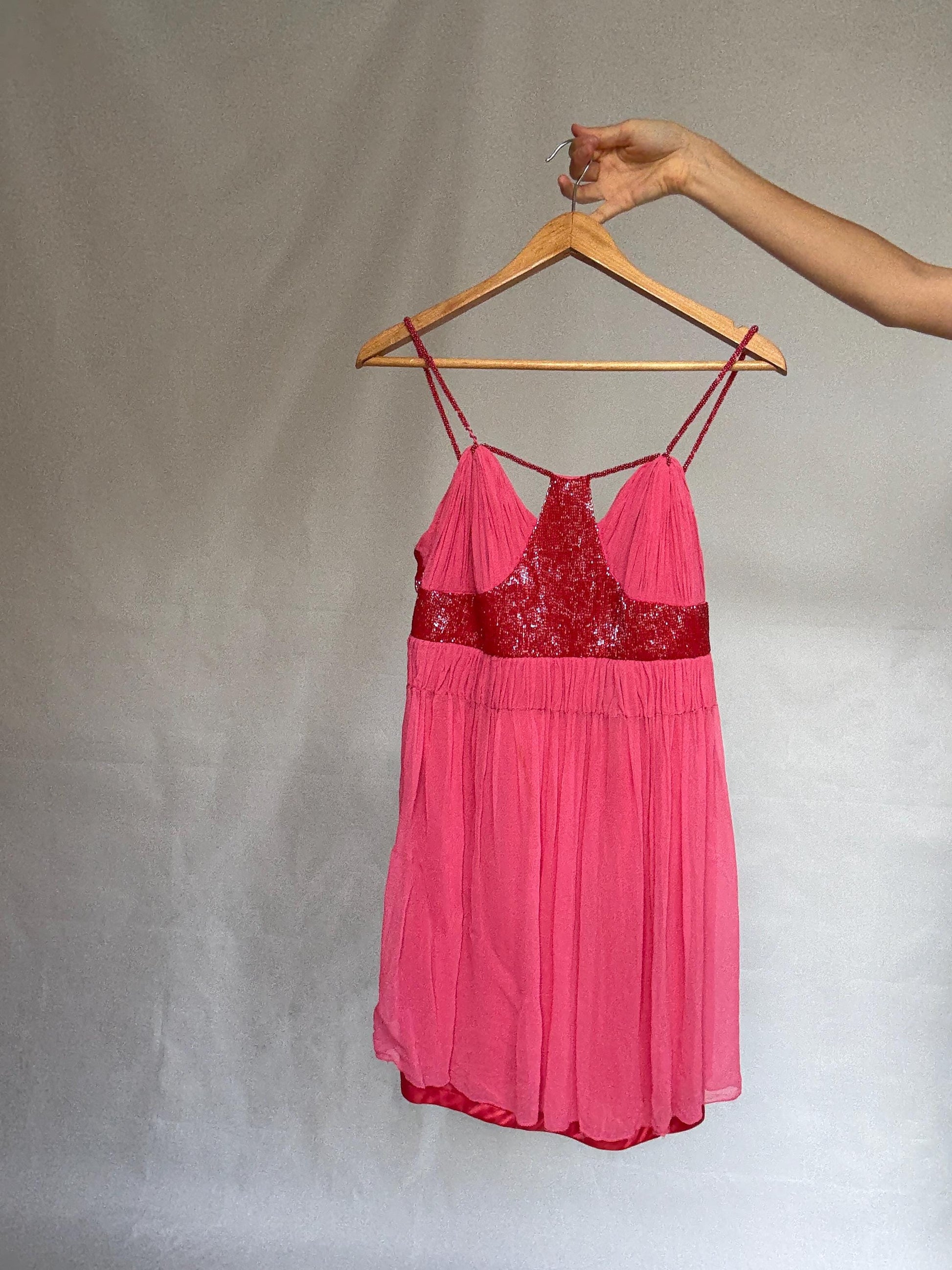 Vintage pink mini dress, 100% silk exterior, flowy silhouette, pleated design with beaded detail, romantic Kate Moss vibe, US XS, party wear