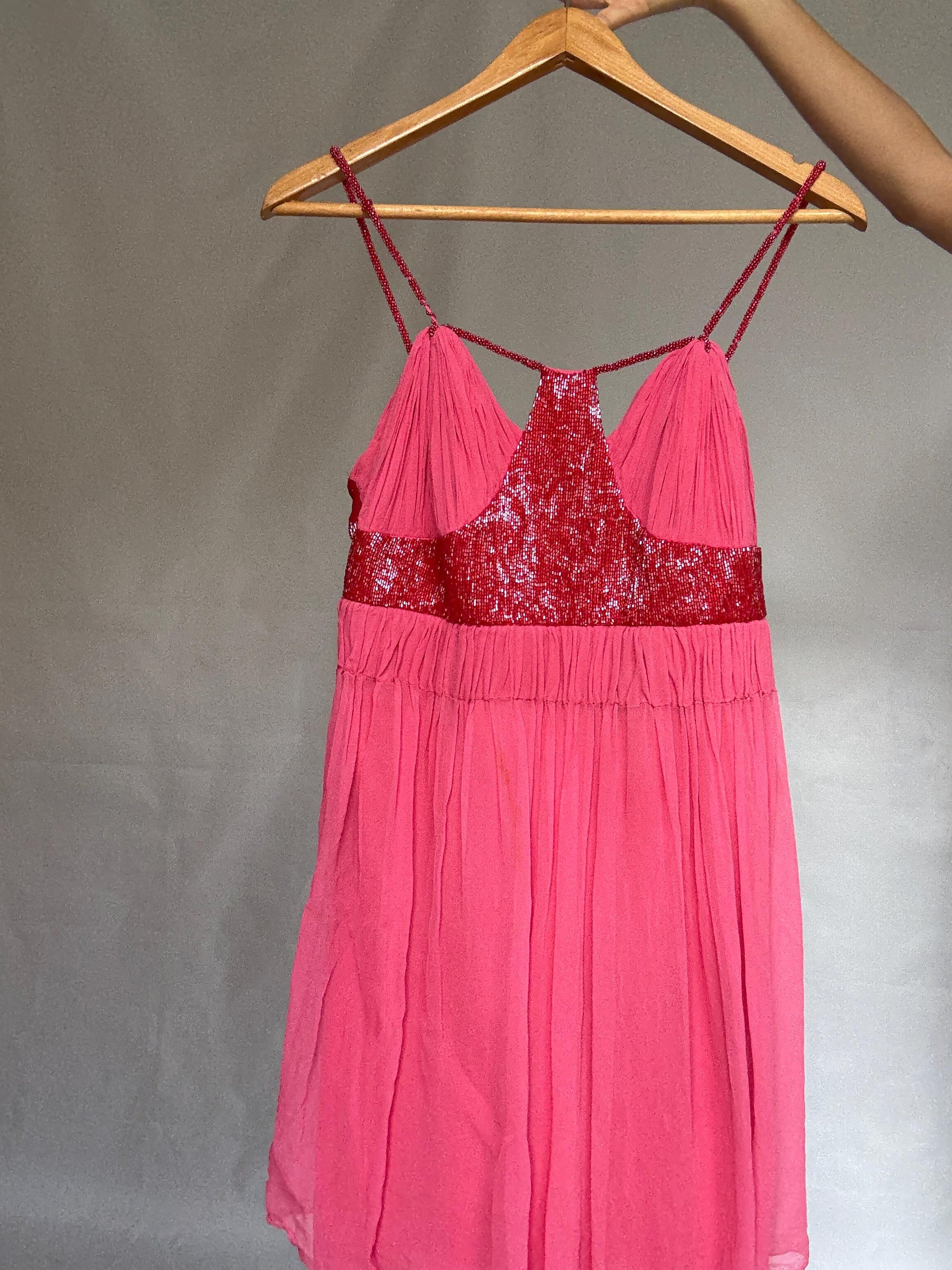 Vintage pink mini dress, 100% silk exterior, flowy silhouette, pleated design with beaded detail, romantic Kate Moss vibe, US XS, party wear
