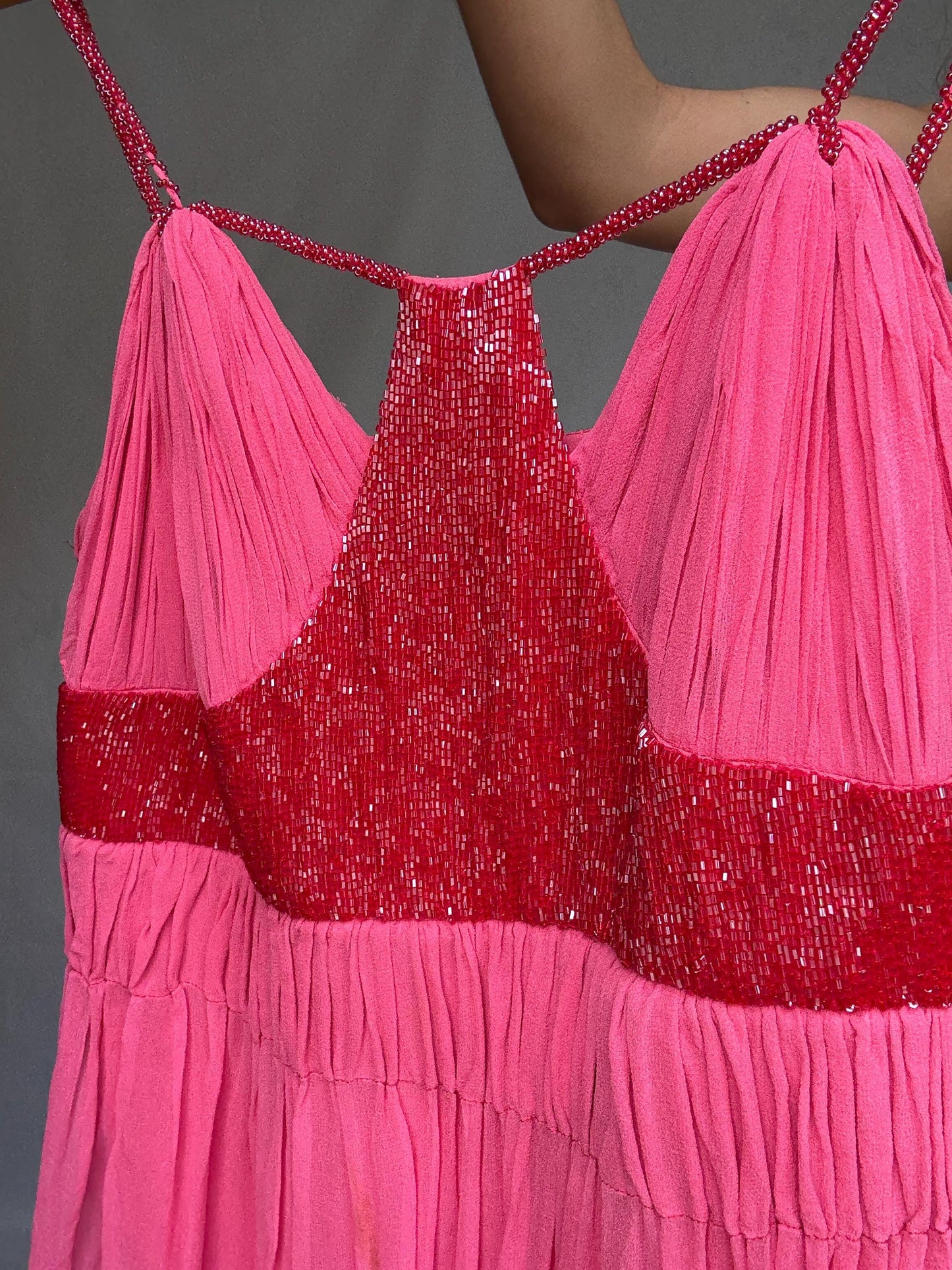 Vintage pink mini dress, 100% silk exterior, flowy silhouette, pleated design with beaded detail, romantic Kate Moss vibe, US XS, party wear