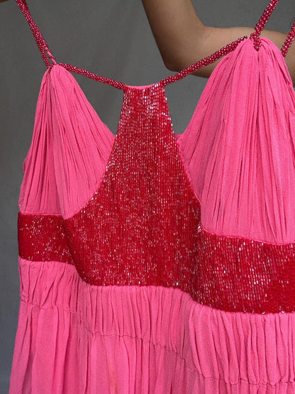 Vintage pink 100% silk mini dress with beaded detail, XS, party wear