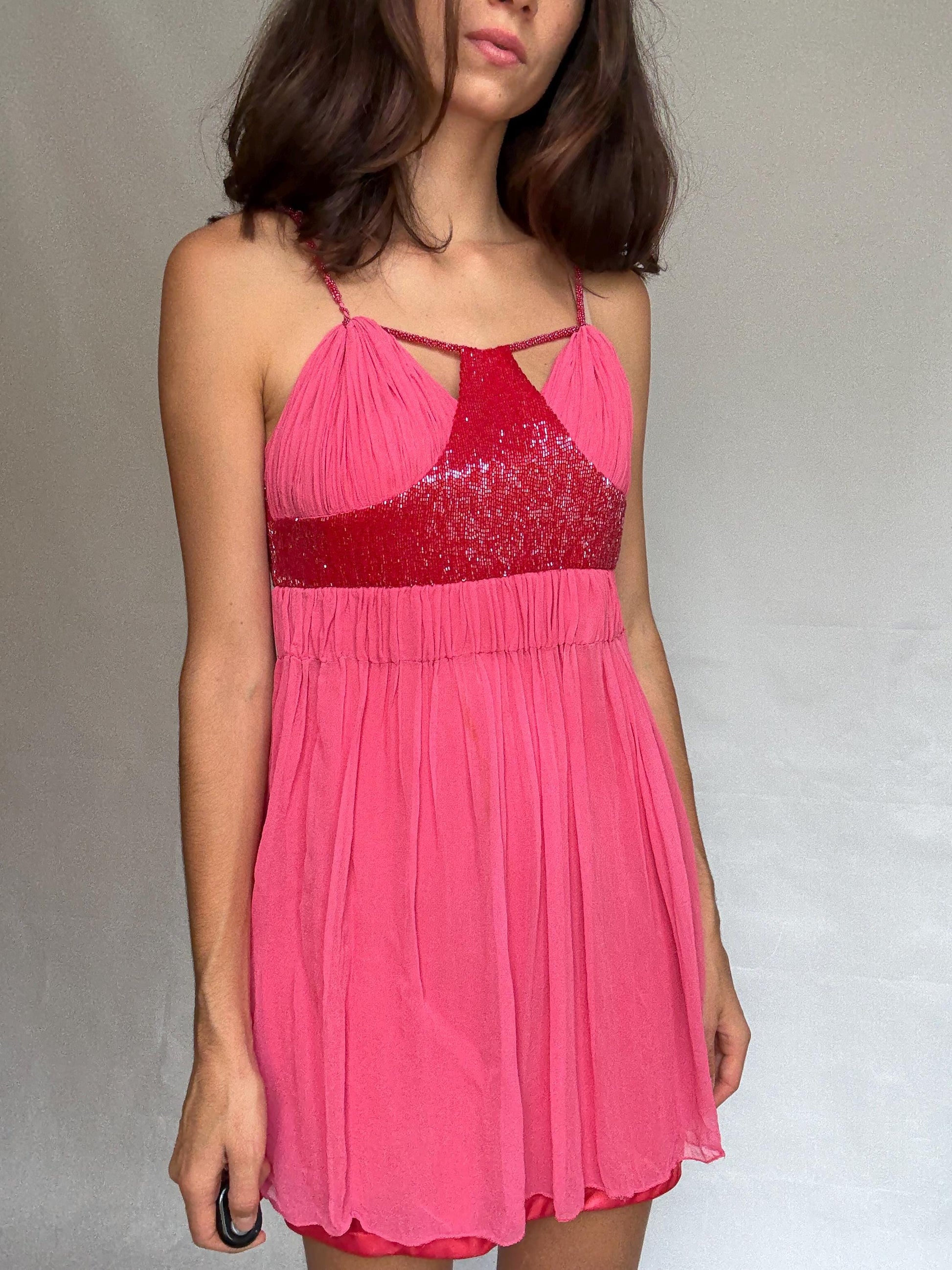 Vintage pink mini dress, 100% silk exterior, flowy silhouette, pleated design with beaded detail, romantic Kate Moss vibe, US XS, party wear