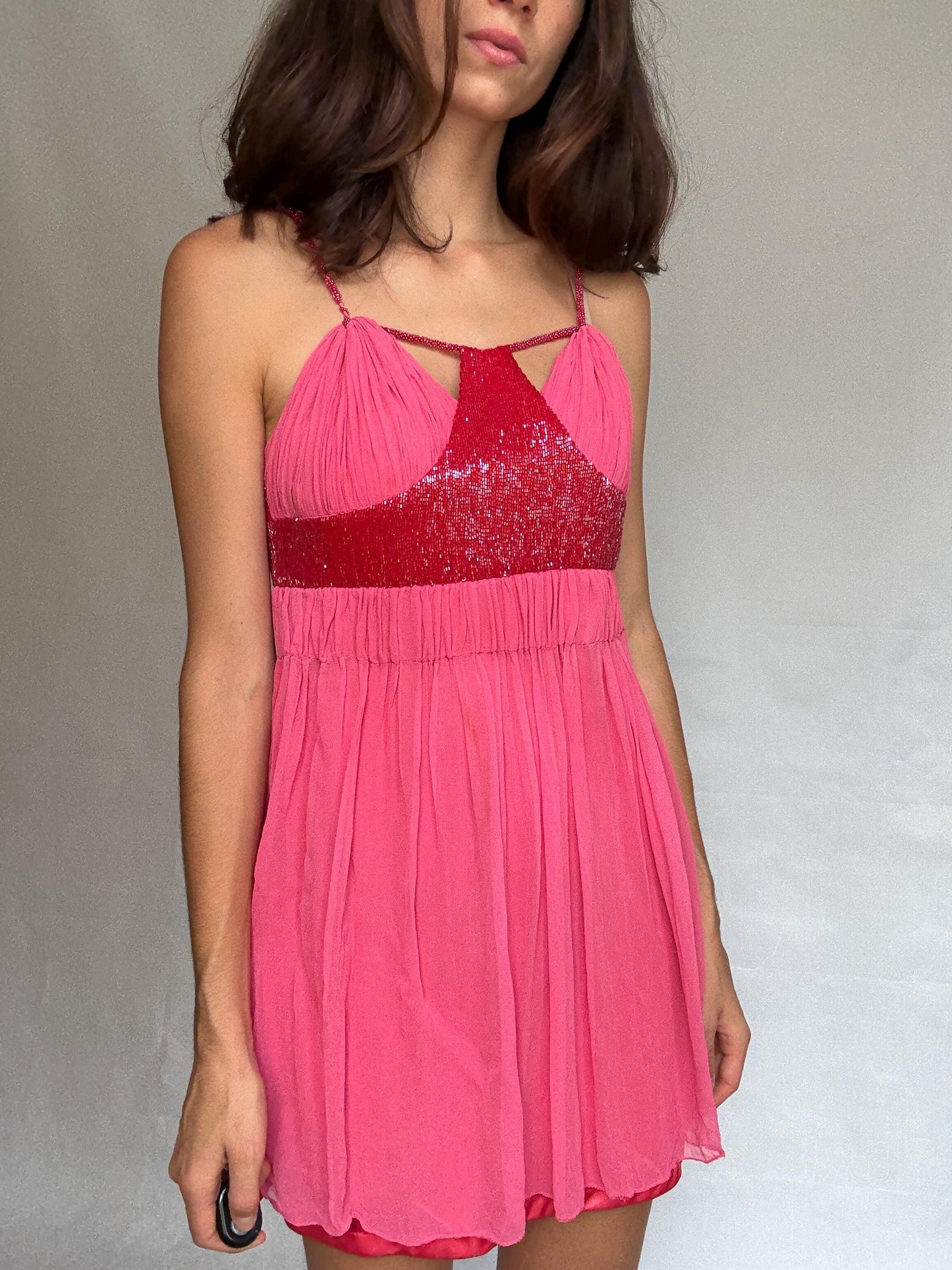 Vintage pink 100% silk mini dress with beaded detail, XS, party wear