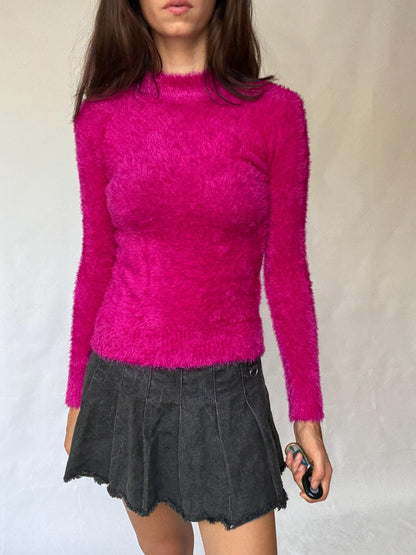 Vibrant Pink Fluffy Jumper, Y2K Style — fabric close-up