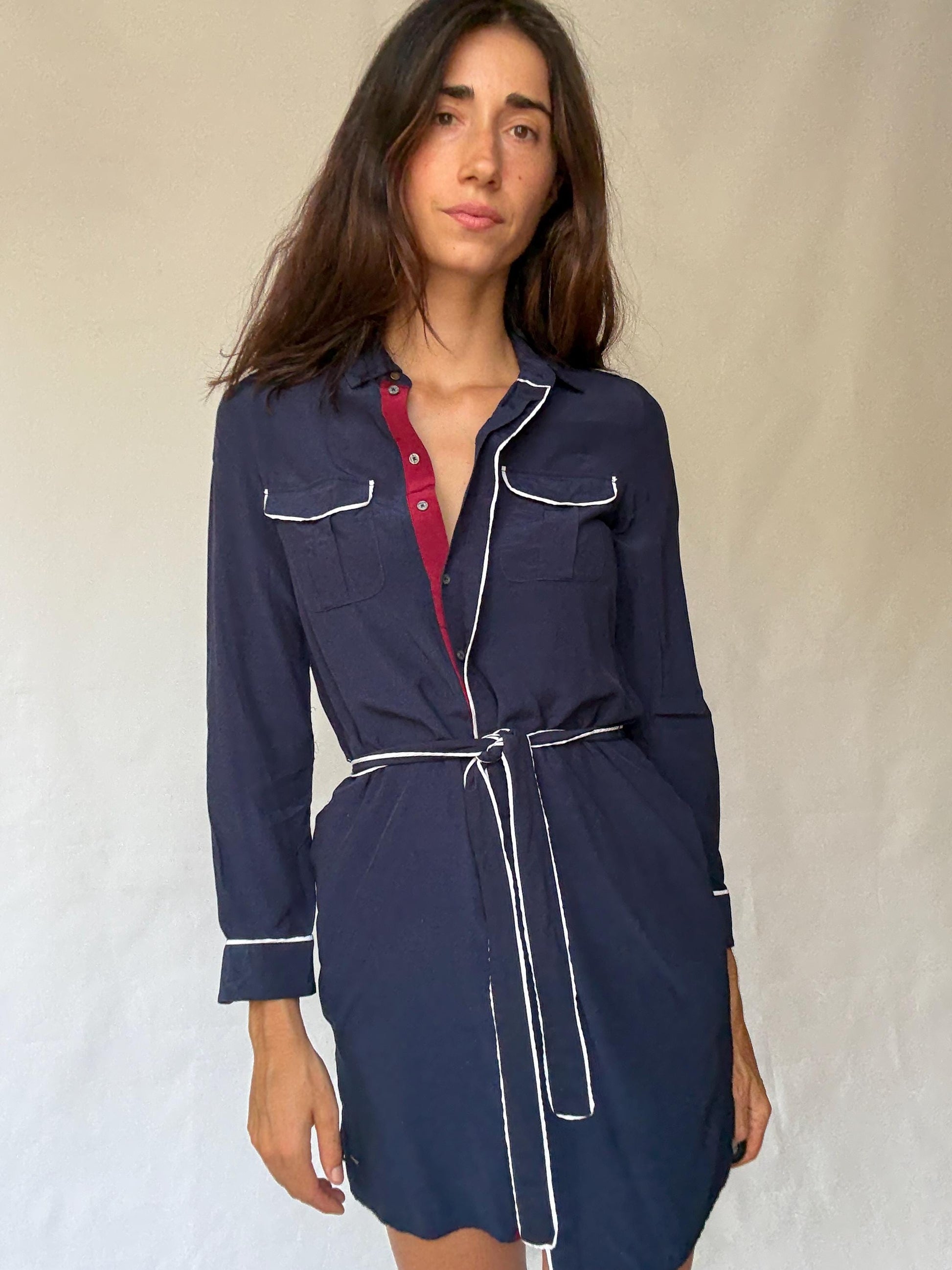 Tommy Hilfiger navy dress, viscose feel, wrap style, contrast white piping, preppy Carolyn bessette, kennedy vibe, US S, office smart casual