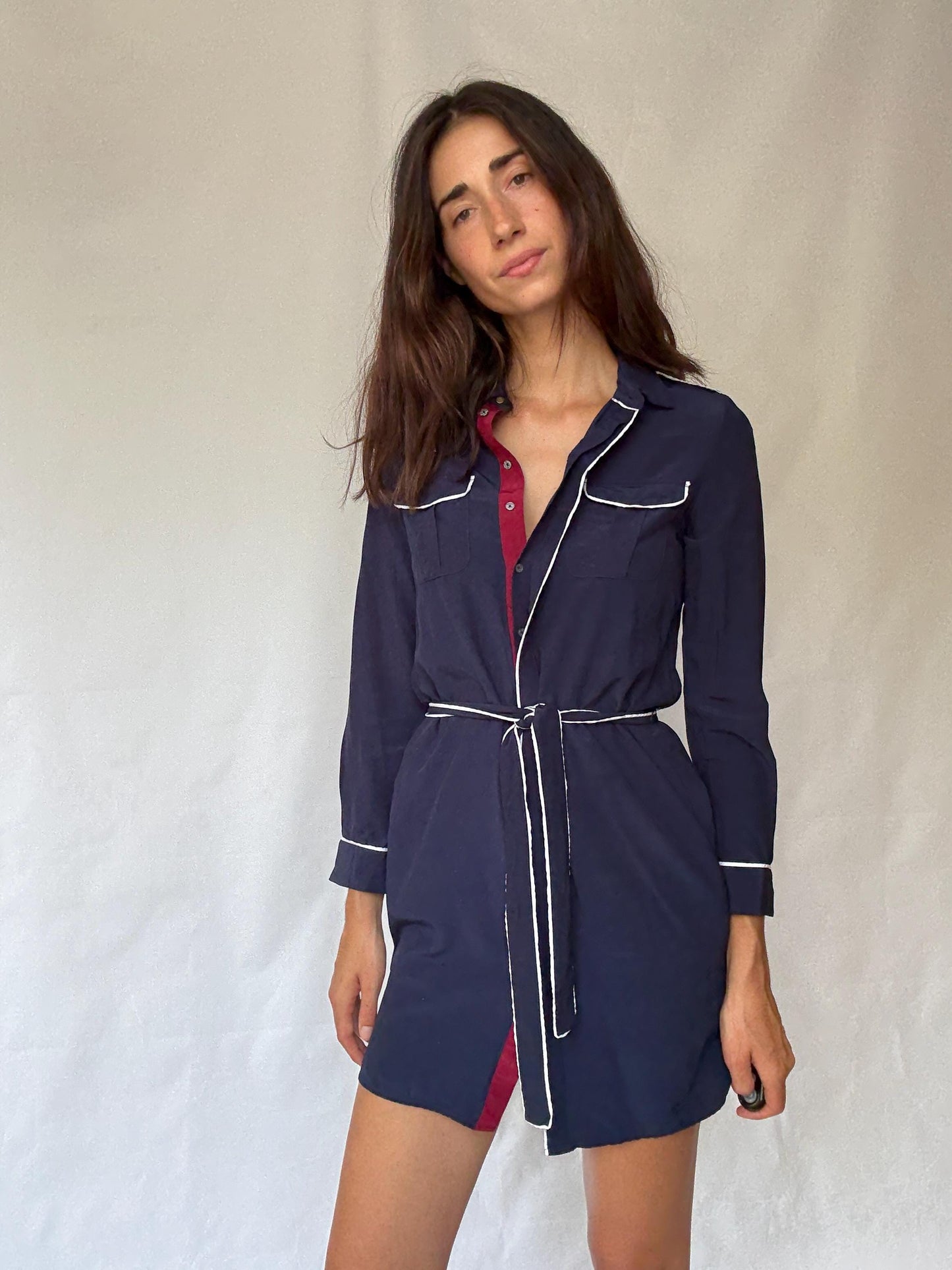 Tommy Hilfiger navy dress, viscose feel, wrap style, contrast white piping, preppy Carolyn bessette, kennedy vibe, US S, office smart casual