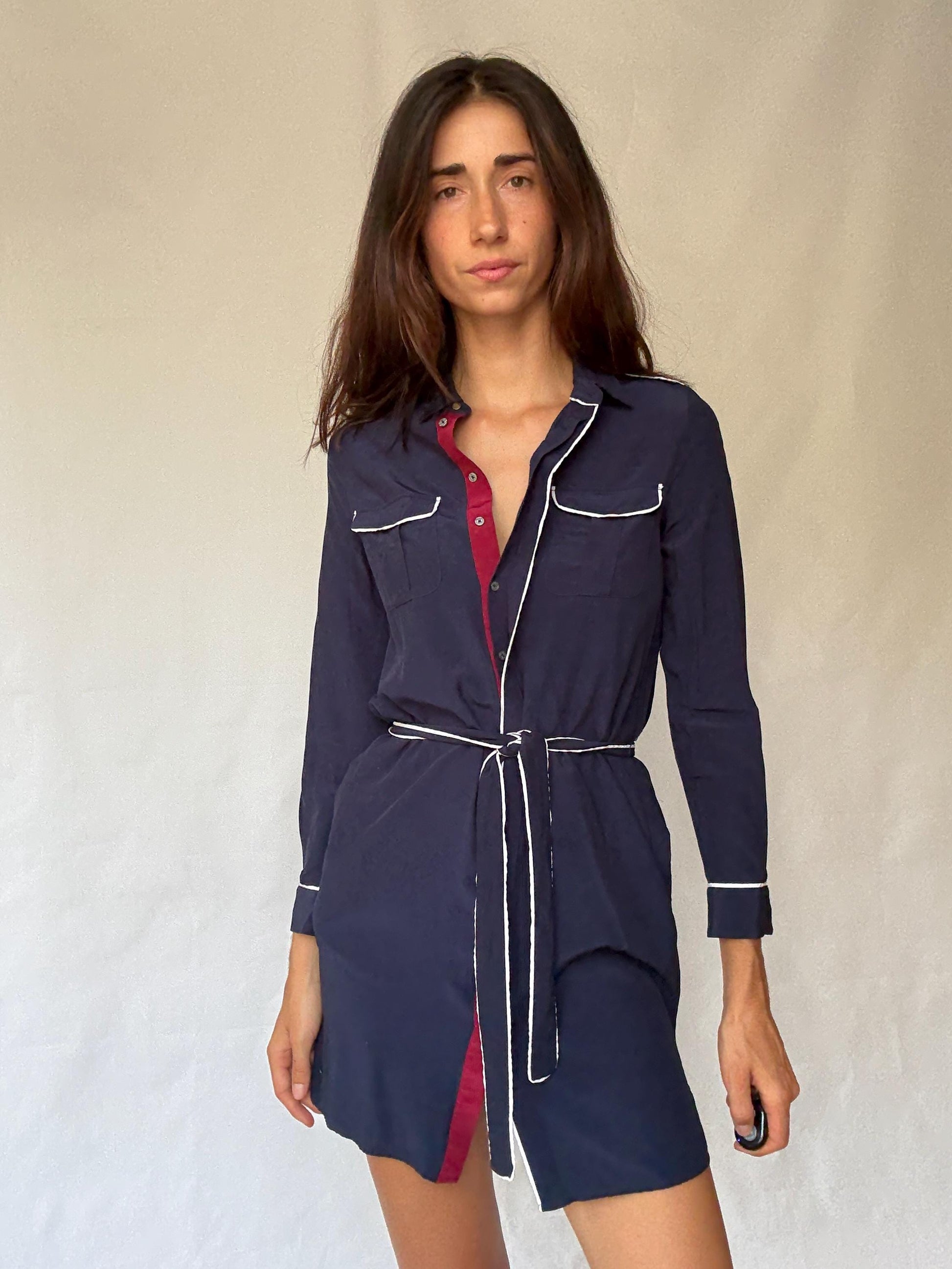 Tommy Hilfiger navy dress, viscose feel, wrap style, contrast white piping, preppy Carolyn bessette, kennedy vibe, US S, office smart casual
