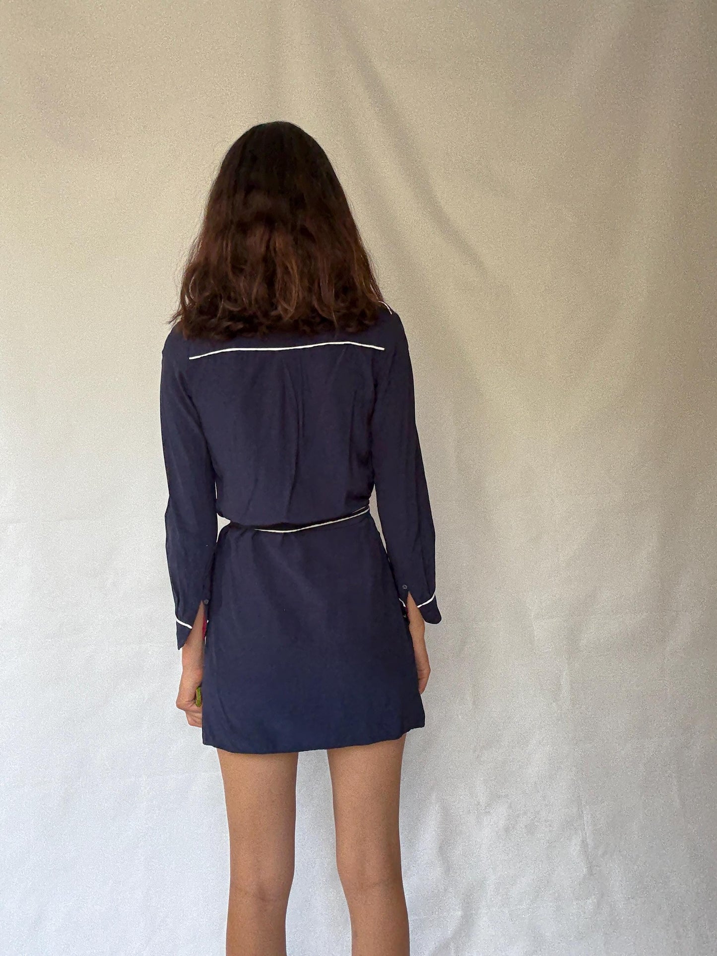 Tommy Hilfiger navy dress, viscose feel, wrap style, contrast white piping, preppy Carolyn bessette, kennedy vibe, US S, office smart casual