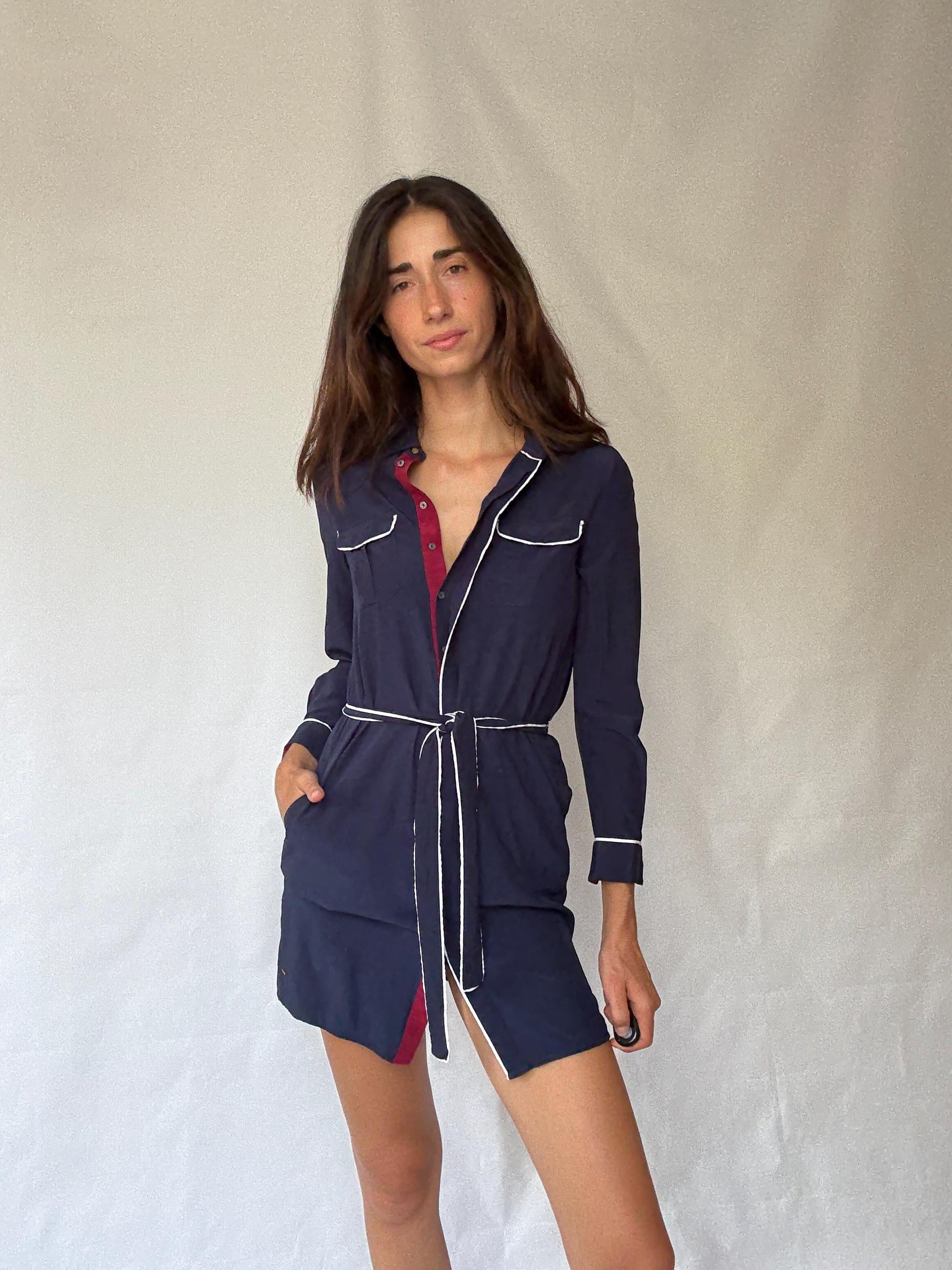 Tommy Hilfiger navy dress, viscose feel, wrap style, contrast white piping, preppy Carolyn bessette, kennedy vibe, US S, office smart casual