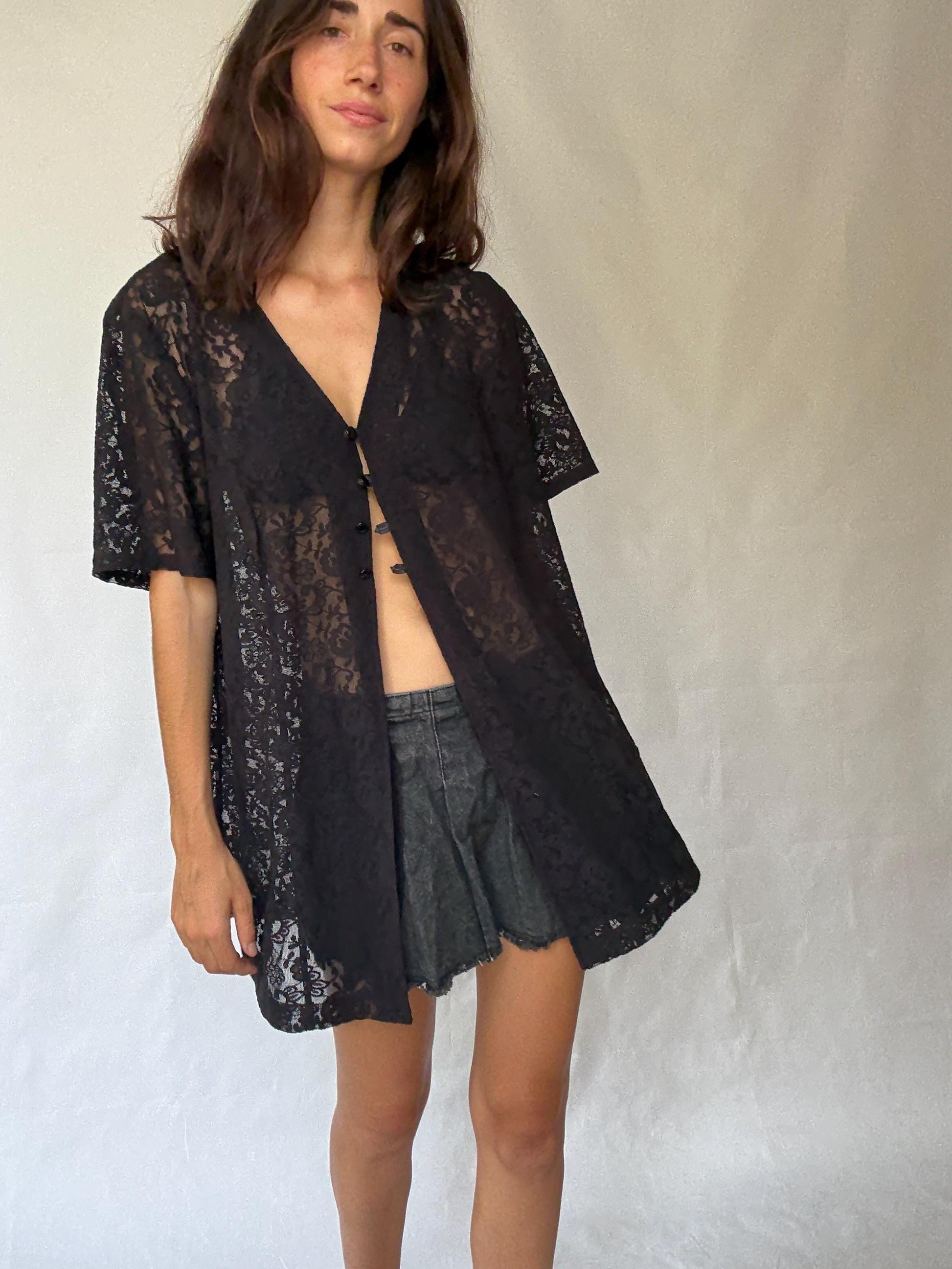Vintage black lace button, up shirt, cotton feel, loose fit, floral sheer lace, romantic gothic, US L, versatile layering piece