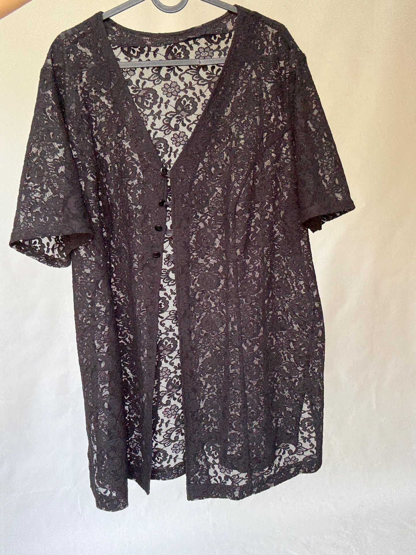 Vintage black lace button, up shirt, cotton feel, loose fit, floral sheer lace, romantic gothic, US L, versatile layering piece