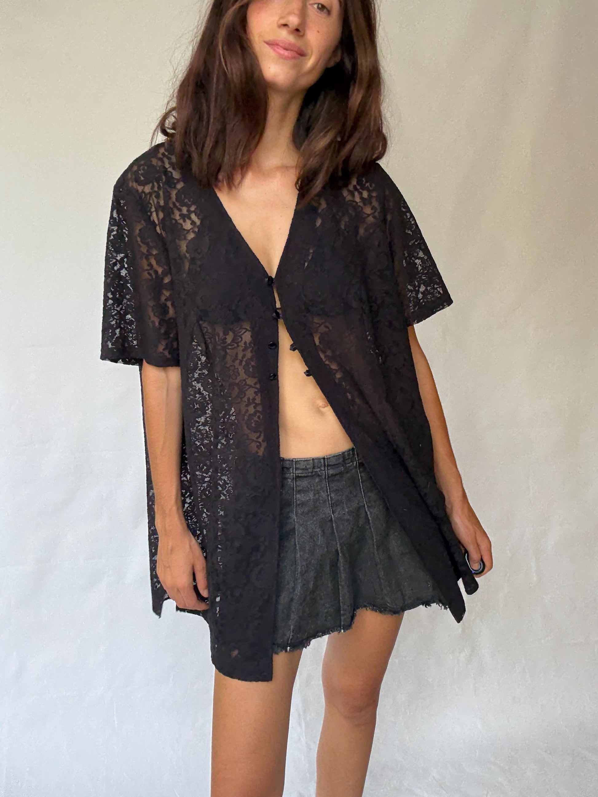 Vintage black lace button, up shirt, cotton feel, loose fit, floral sheer lace, romantic gothic, US L, versatile layering piece