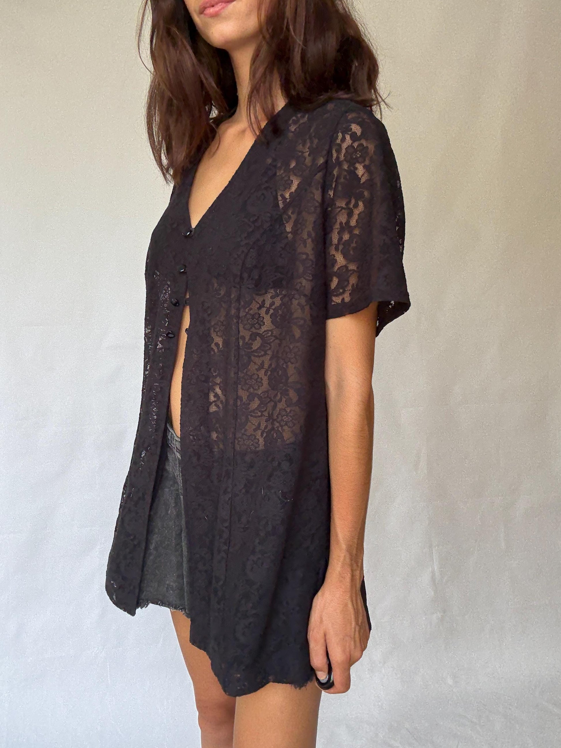 Vintage black lace button, up shirt, cotton feel, loose fit, floral sheer lace, romantic gothic, US L, versatile layering piece
