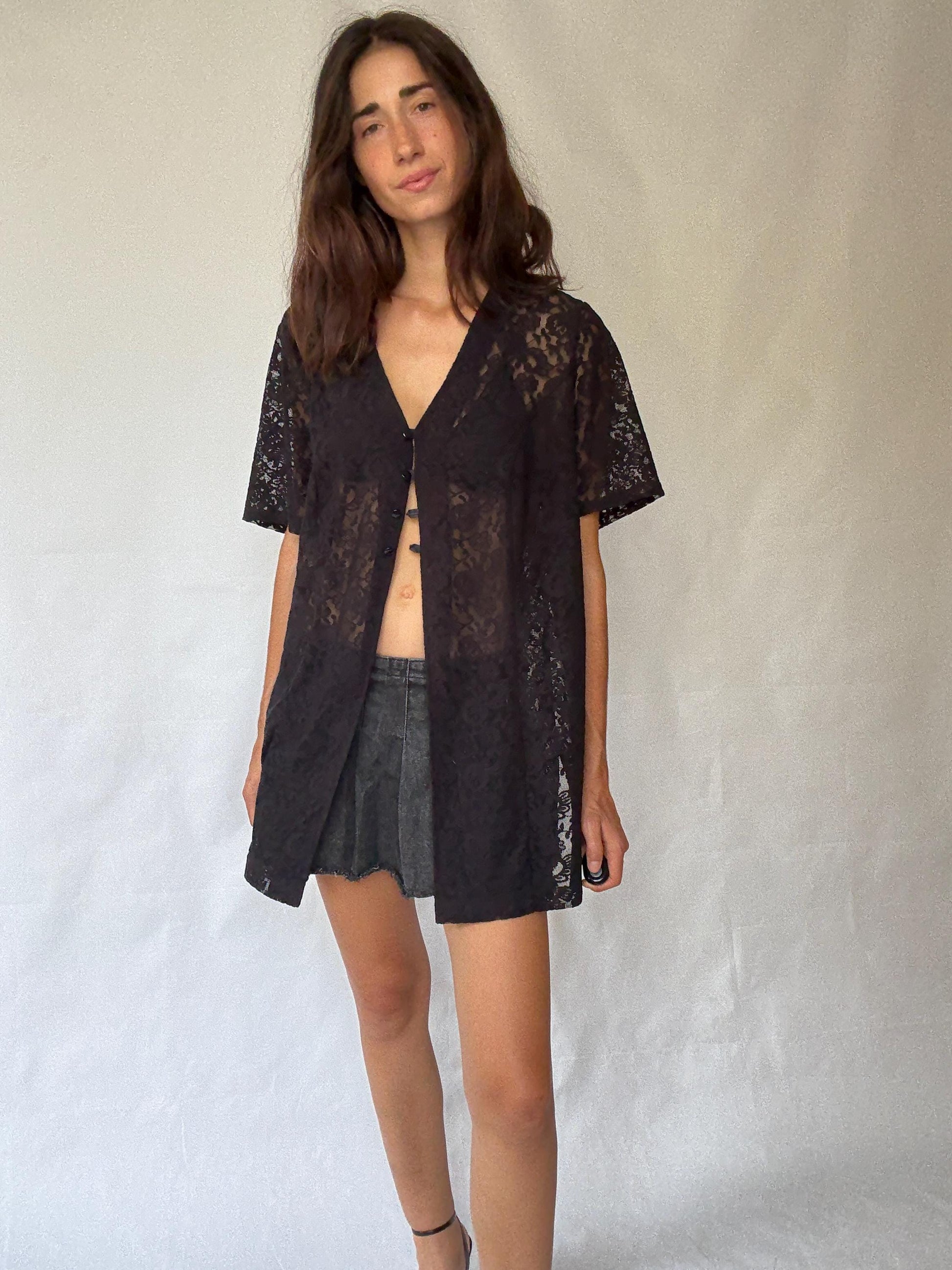 Vintage black lace button, up shirt, cotton feel, loose fit, floral sheer lace, romantic gothic, US L, versatile layering piece