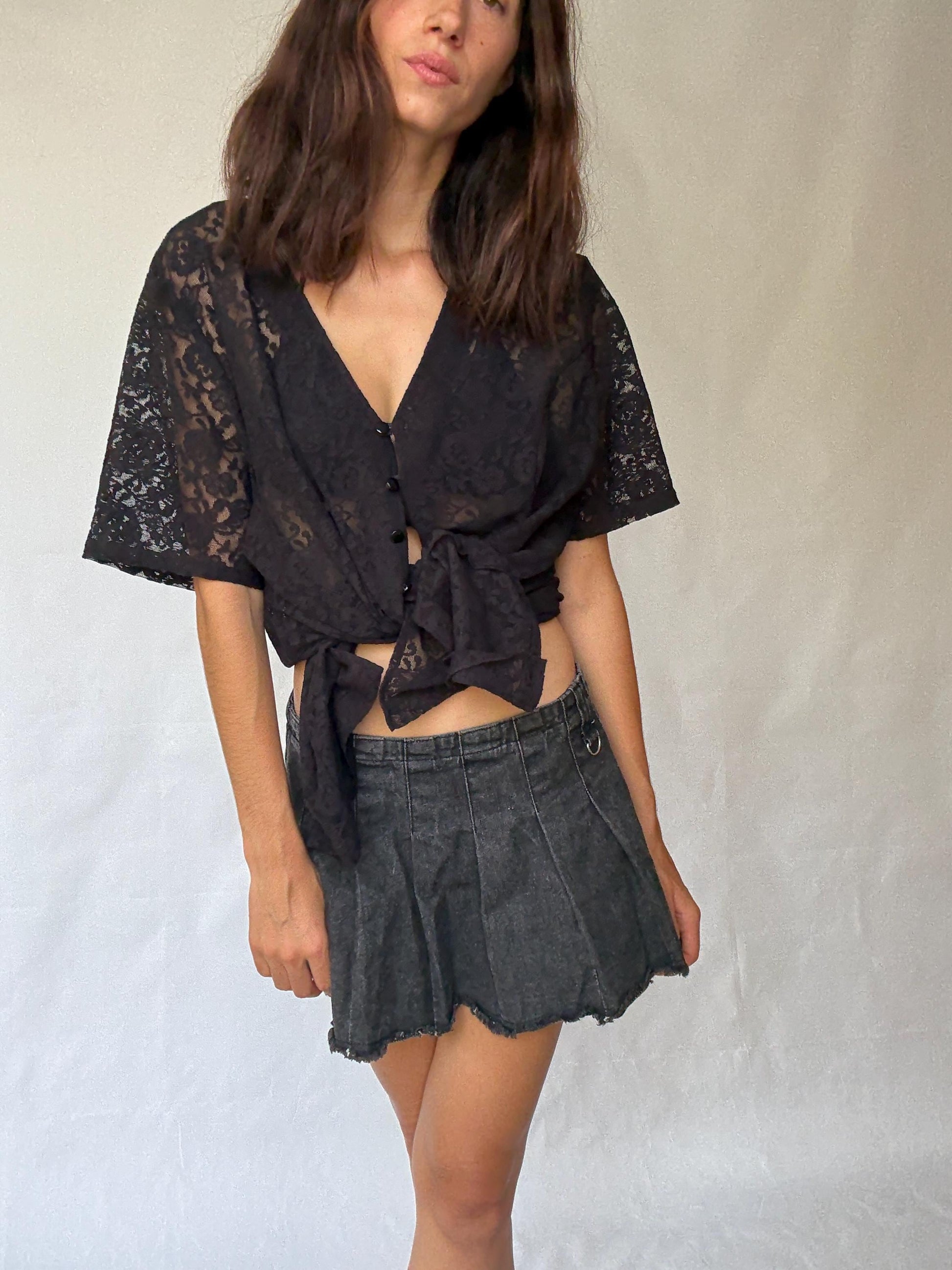 Vintage black lace button, up shirt, cotton feel, loose fit, floral sheer lace, romantic gothic, US L, versatile layering piece