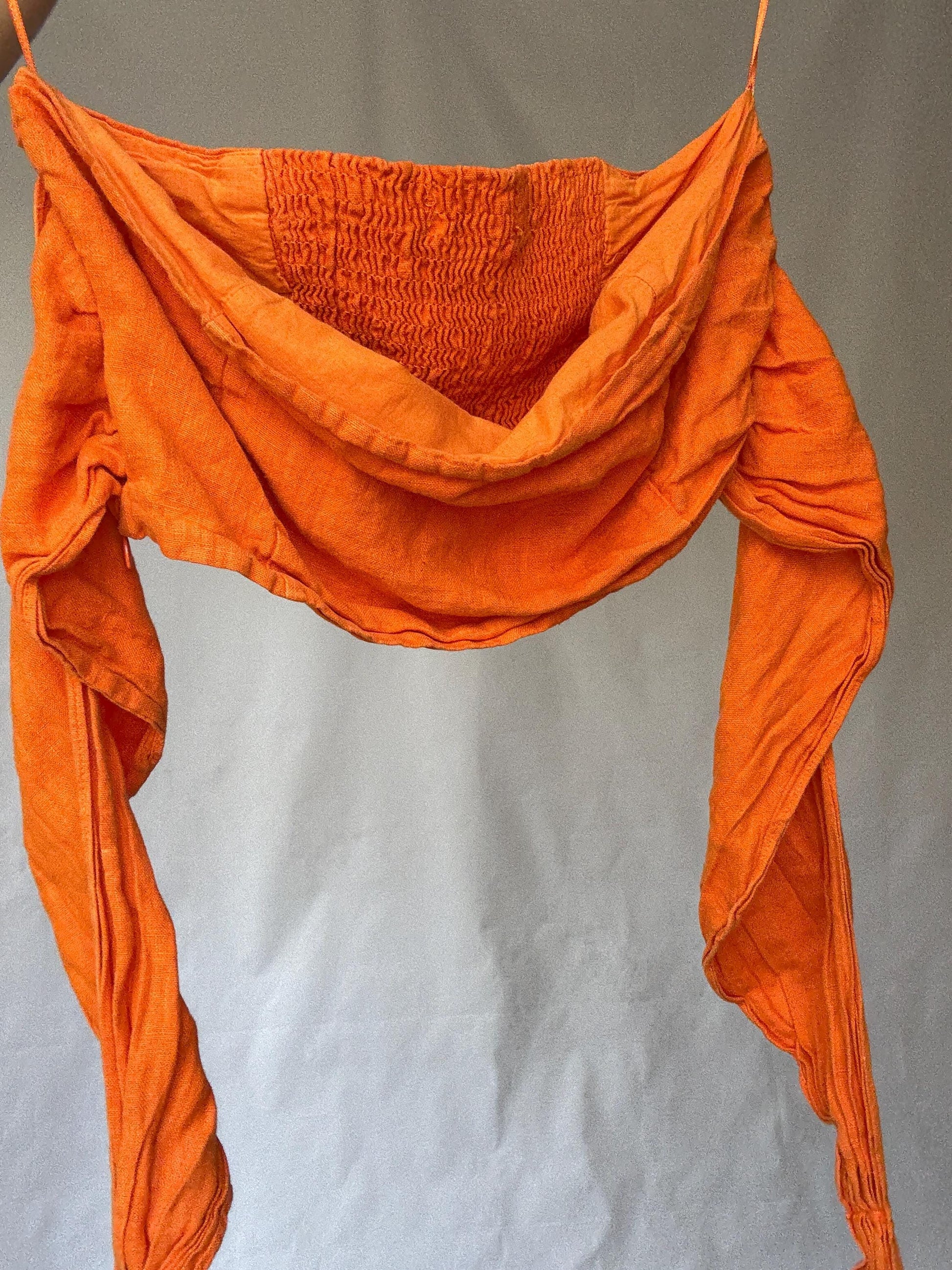 Vintage orange crop top, linen, elasticized bust, back zipper, adjustable straps, coastal grandmother, US M, casual picnic