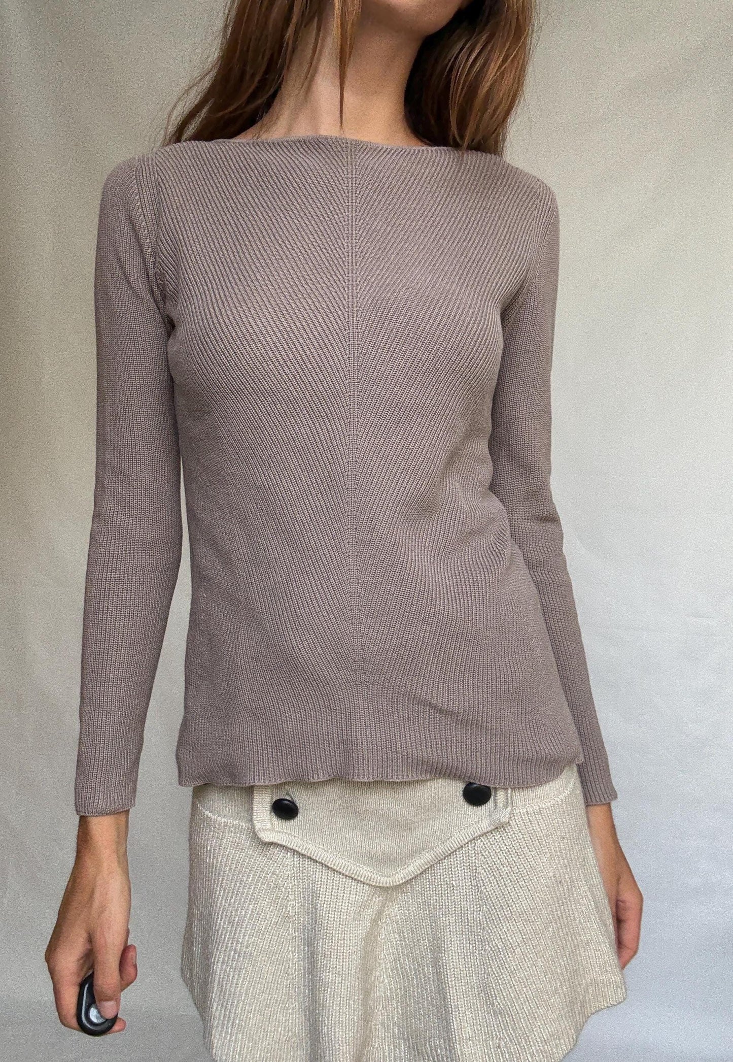 Massimo Dutti taupe brown long, sleeve top, 100% cotton, slim fit, ribbed texture, minimalist, US S, versatile layering piece