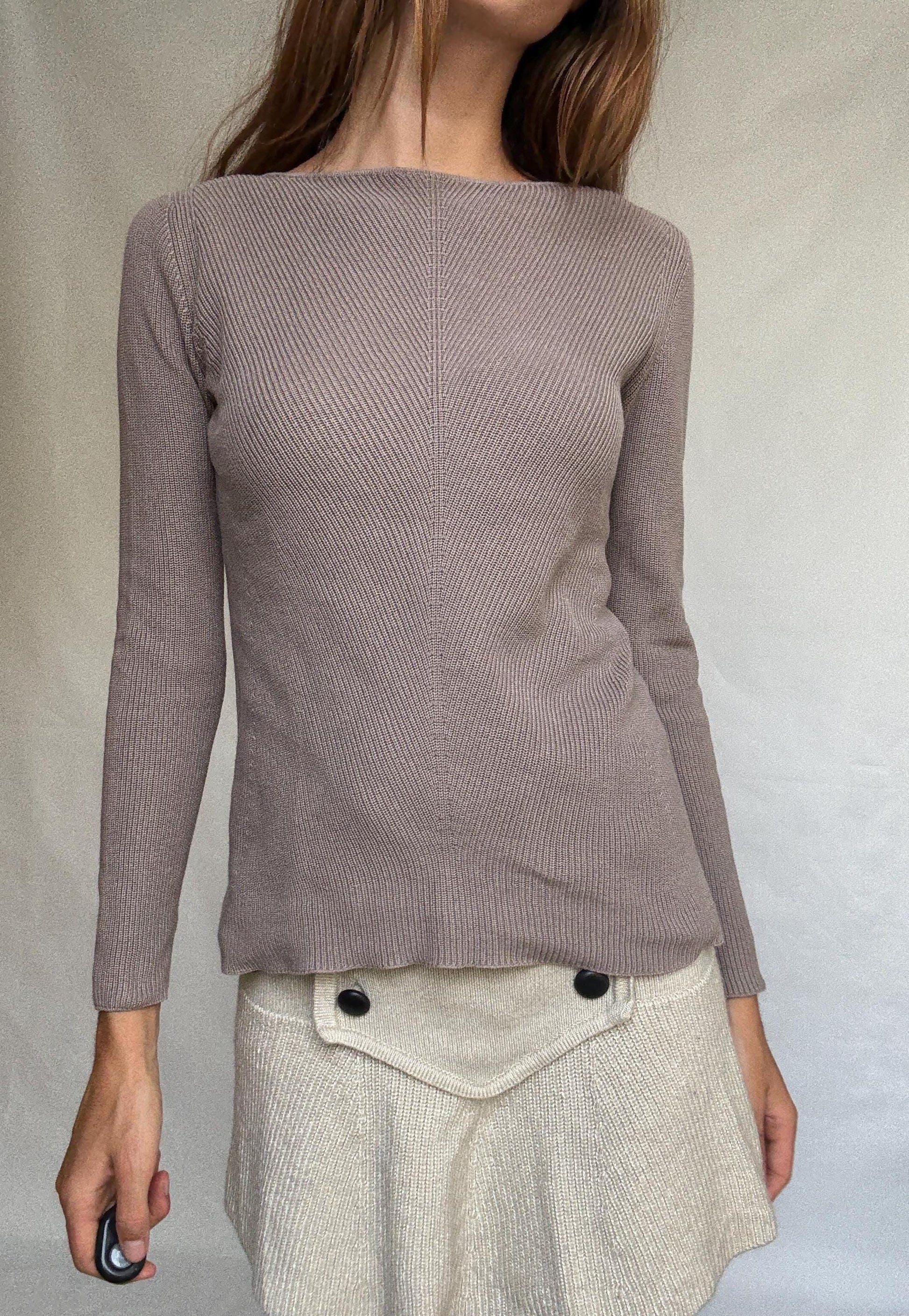 Massimo Dutti taupe brown long, sleeve top, 100% cotton, slim fit, ribbed texture, minimalist, US S, versatile layering piece