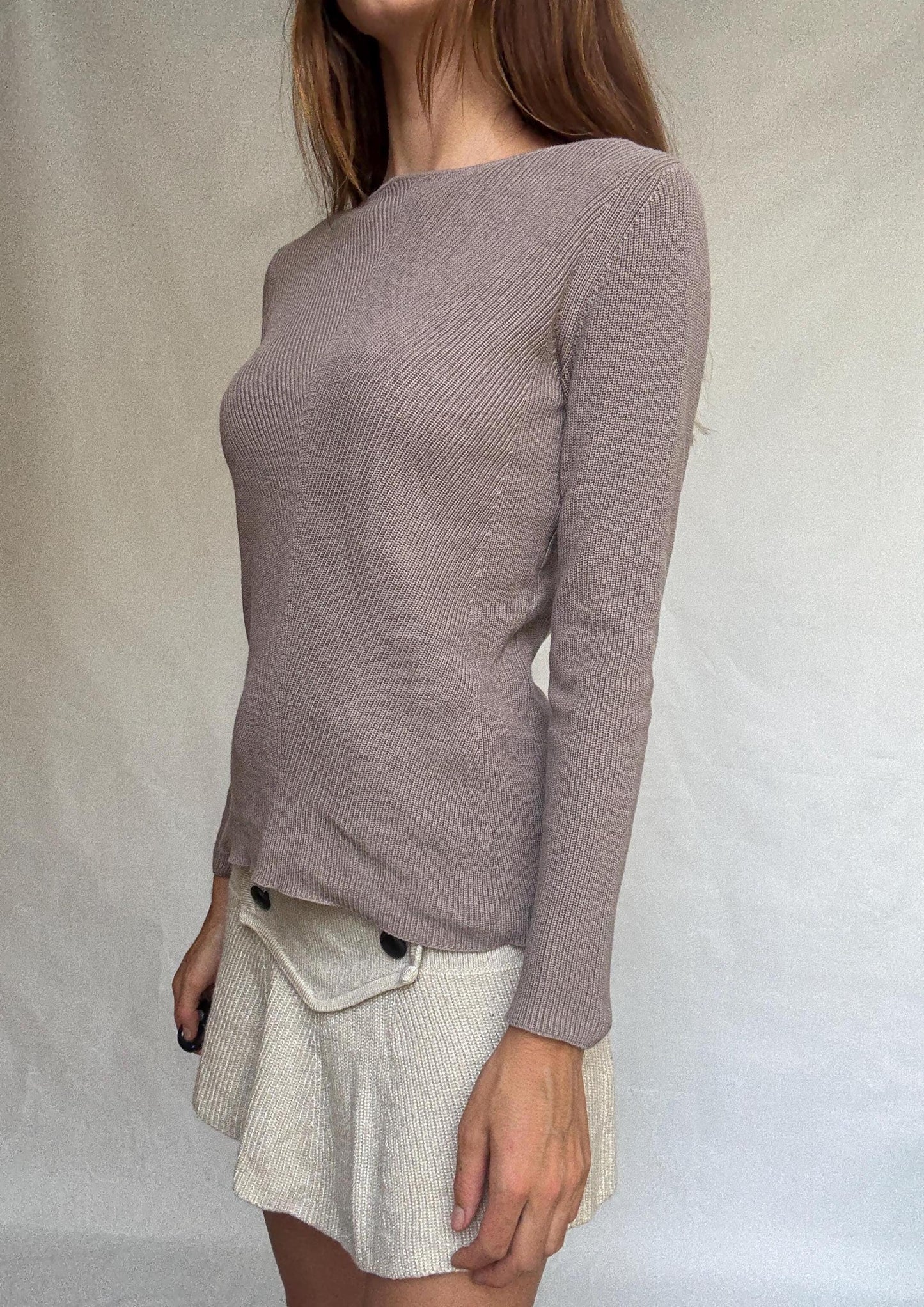 Massimo Dutti taupe brown long, sleeve top, 100% cotton, slim fit, ribbed texture, minimalist, US S, versatile layering piece