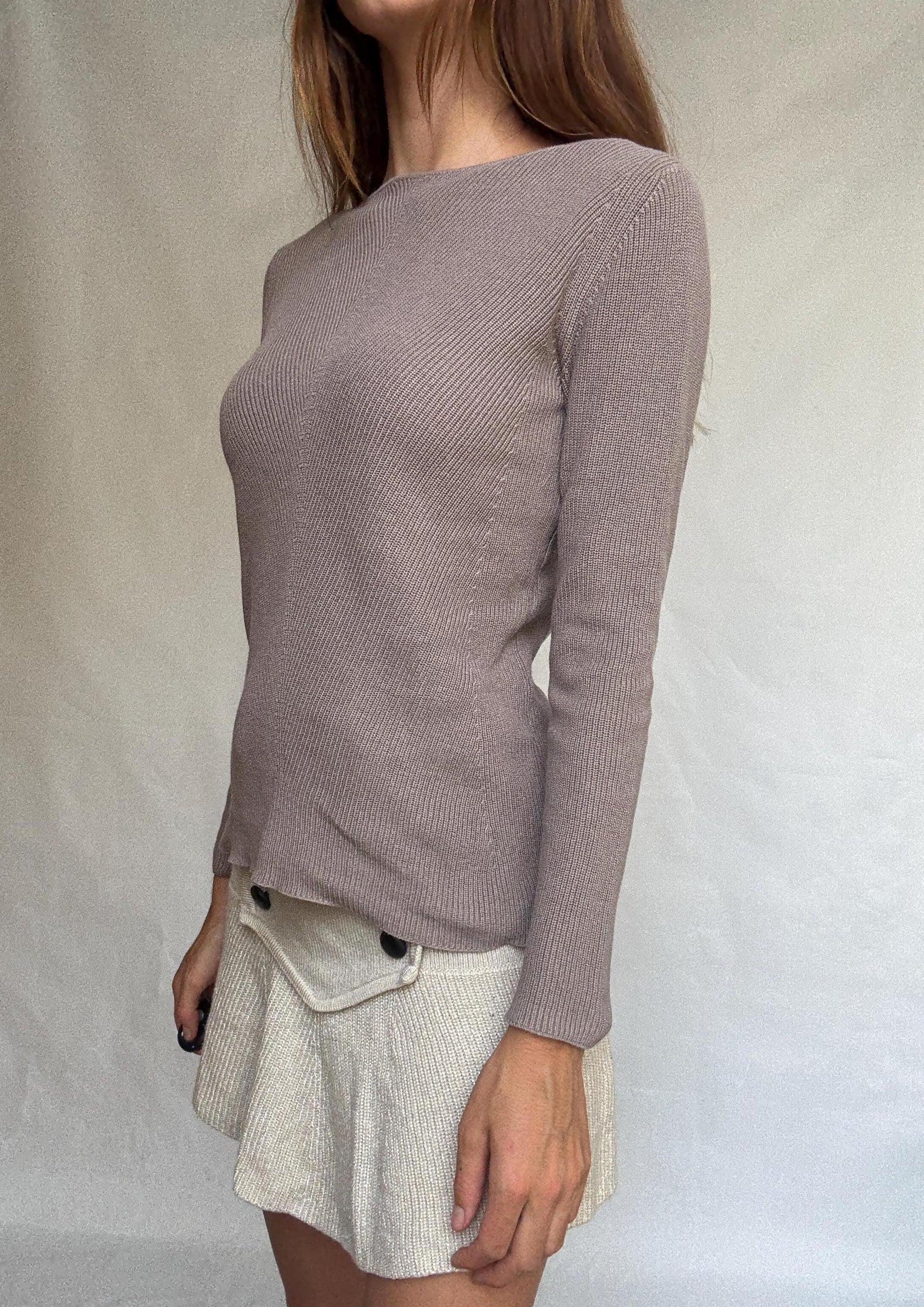 Massimo Dutti taupe brown long, sleeve top, 100% cotton, slim fit, ribbed texture, minimalist, US S, versatile layering piece