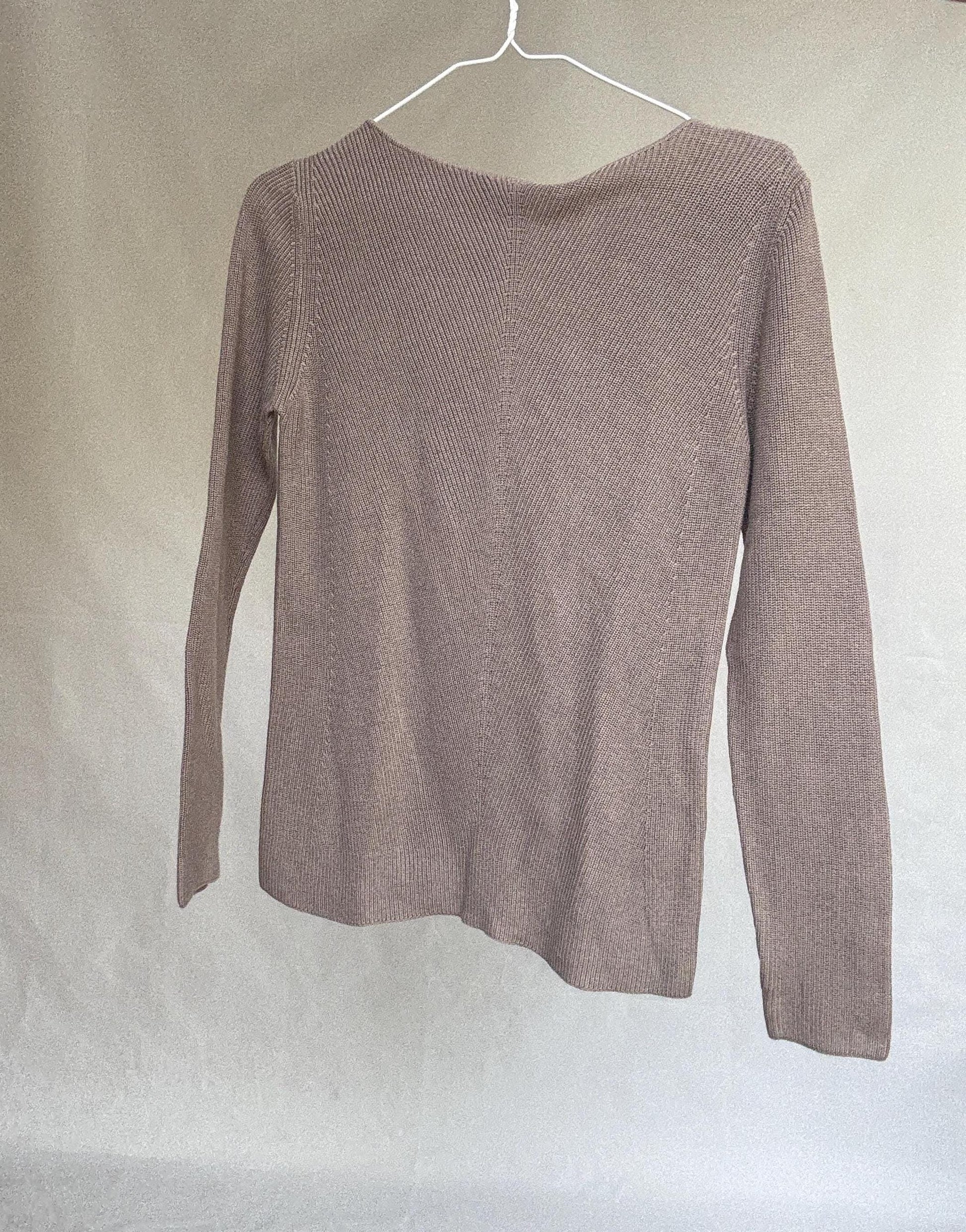 Massimo Dutti taupe brown long, sleeve top, 100% cotton, slim fit, ribbed texture, minimalist, US S, versatile layering piece