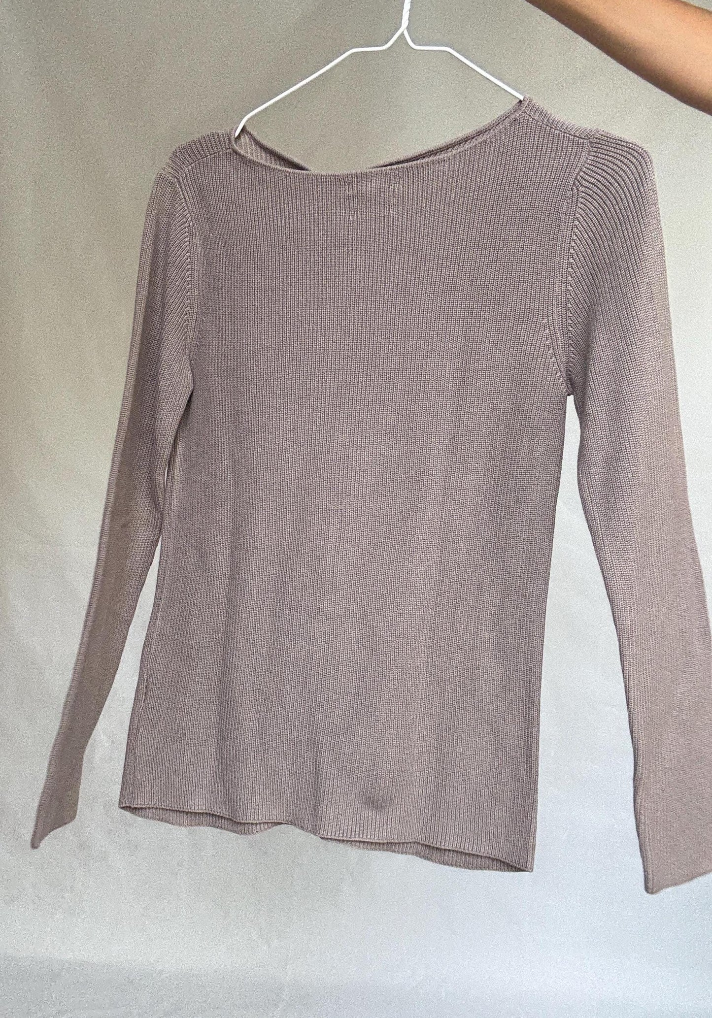 Massimo Dutti taupe brown long, sleeve top, 100% cotton, slim fit, ribbed texture, minimalist, US S, versatile layering piece