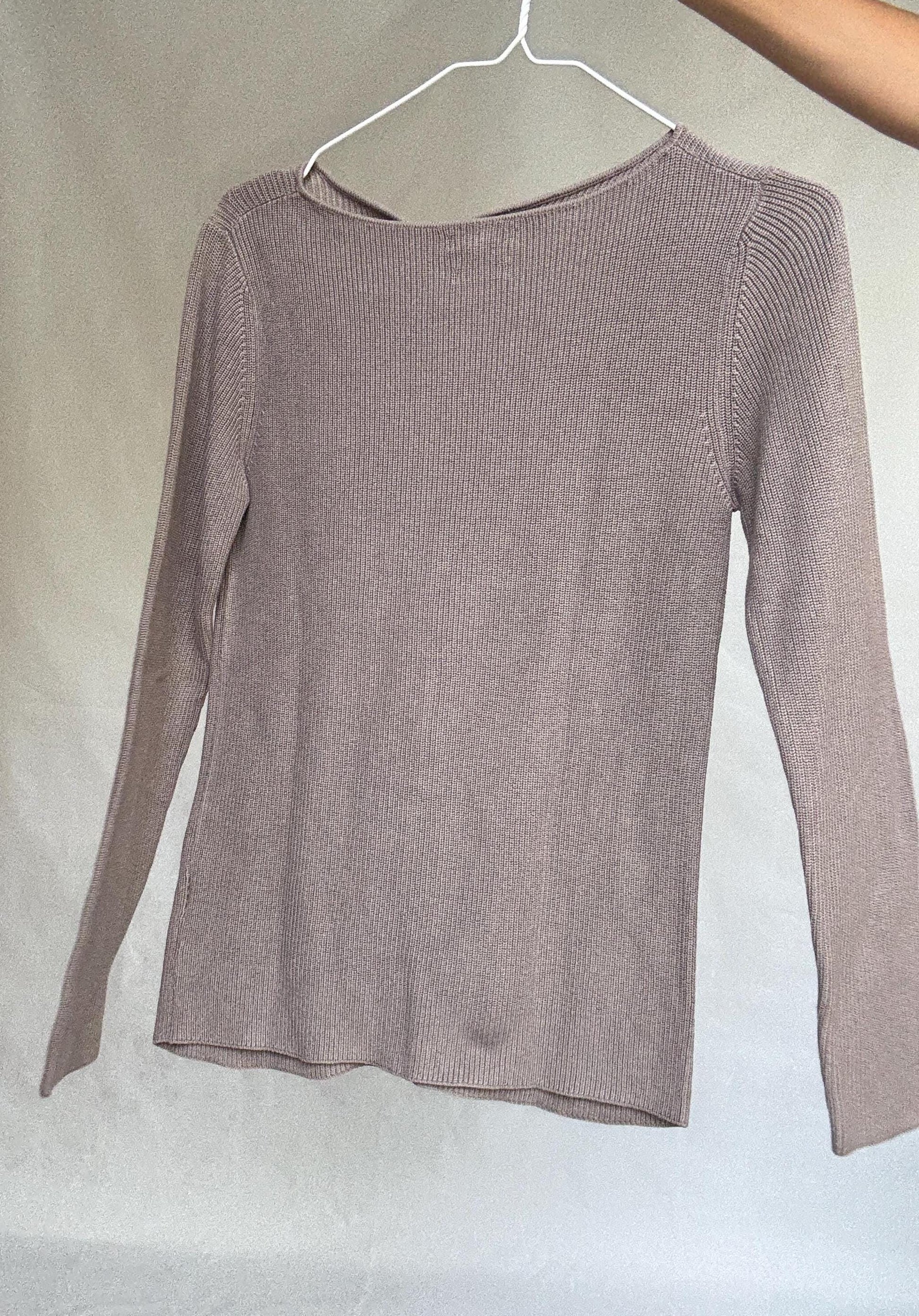 Massimo Dutti taupe brown long, sleeve top, 100% cotton, slim fit, ribbed texture, minimalist, US S, versatile layering piece