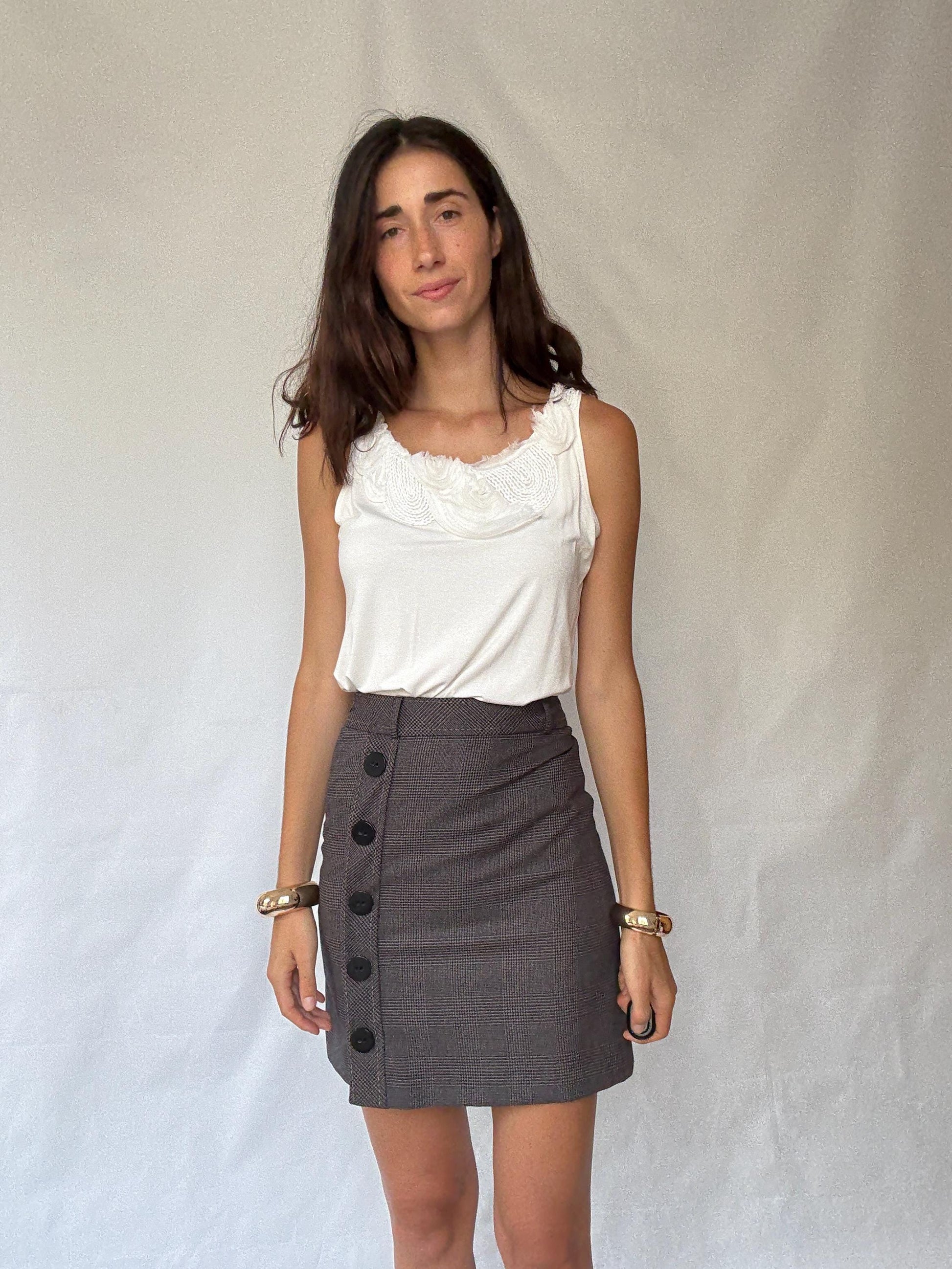 Zendra white camisole top, cotton feel, flowy fit, floral applique neckline, romantic chic, EU 46, casual everyday