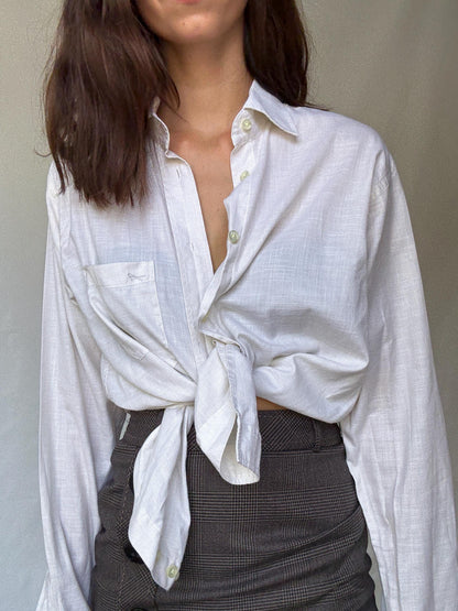 White Button-Up Shirt For Versatile Wear — fabric close-up