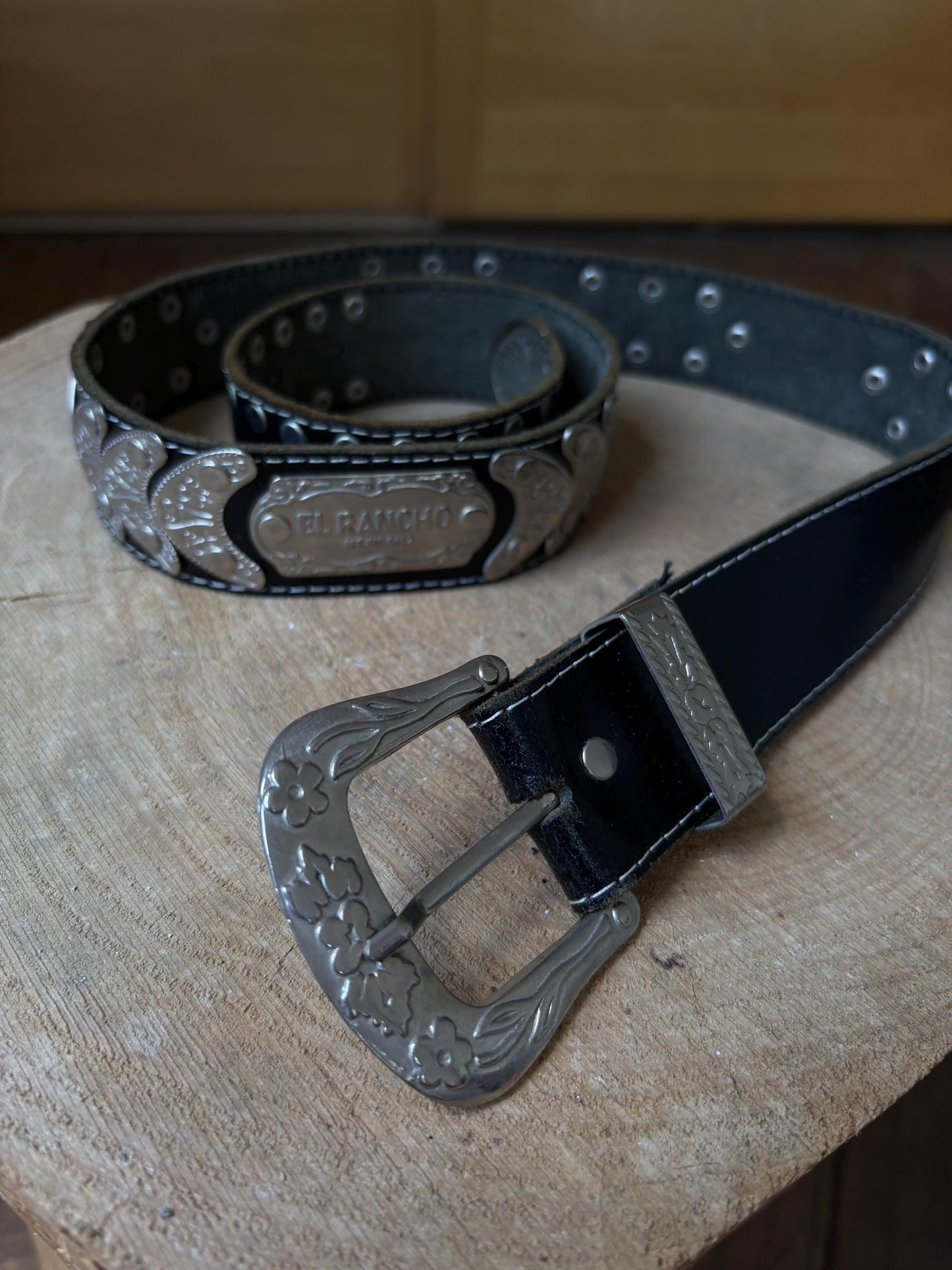 El Rancho Mexicano black leather belt, genuine leather, western style, silver, tone engraved buckle, vintage accessory, adjustable fit