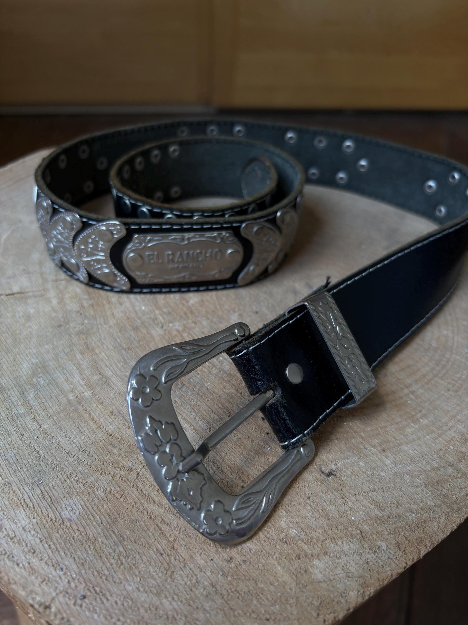 El Rancho Mexicano black leather belt, genuine leather, western style, silver, tone engraved buckle, vintage accessory, adjustable fit