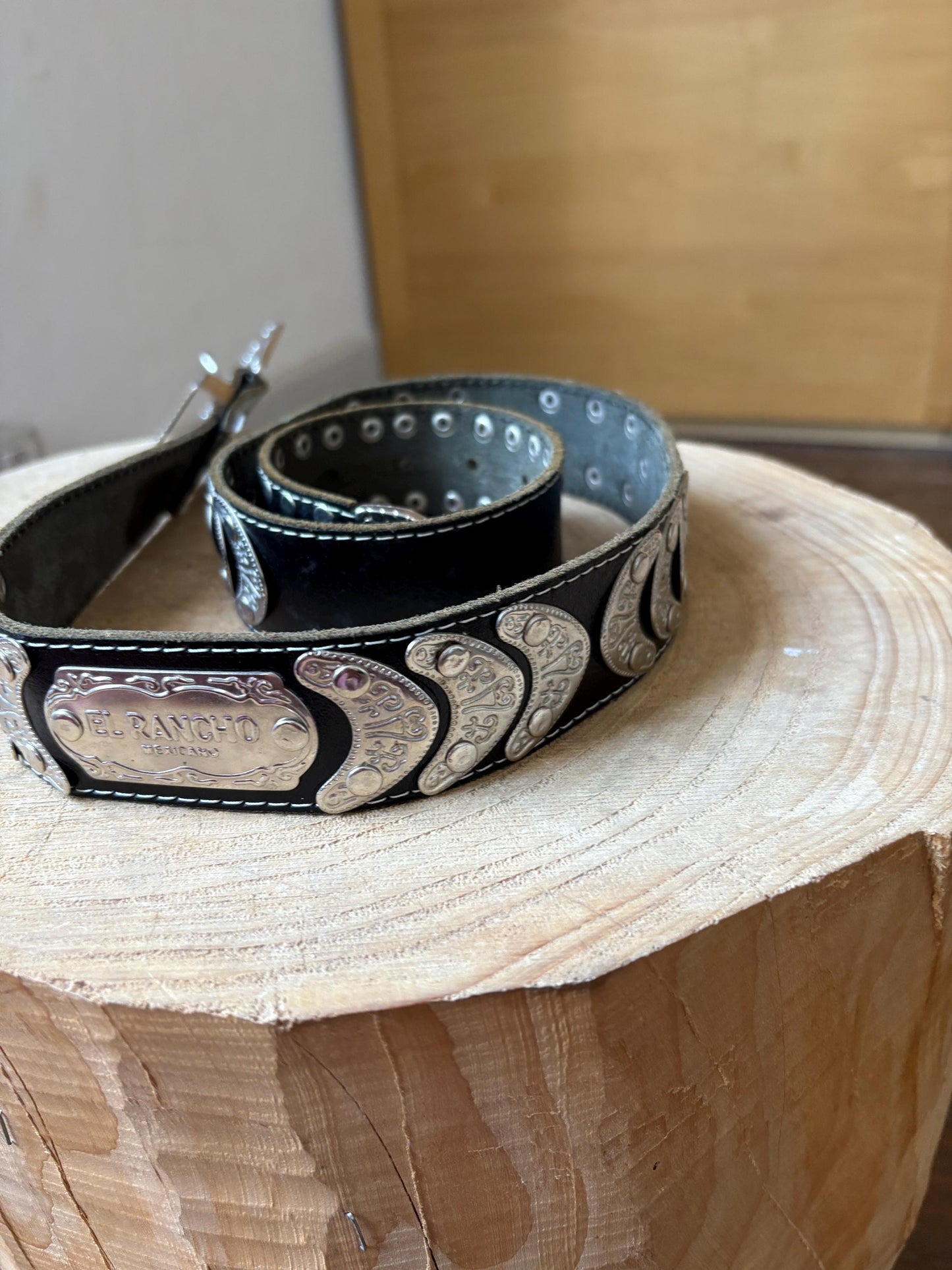 El Rancho Mexicano black leather belt, genuine leather, western style, silver, tone engraved buckle, vintage accessory, adjustable fit