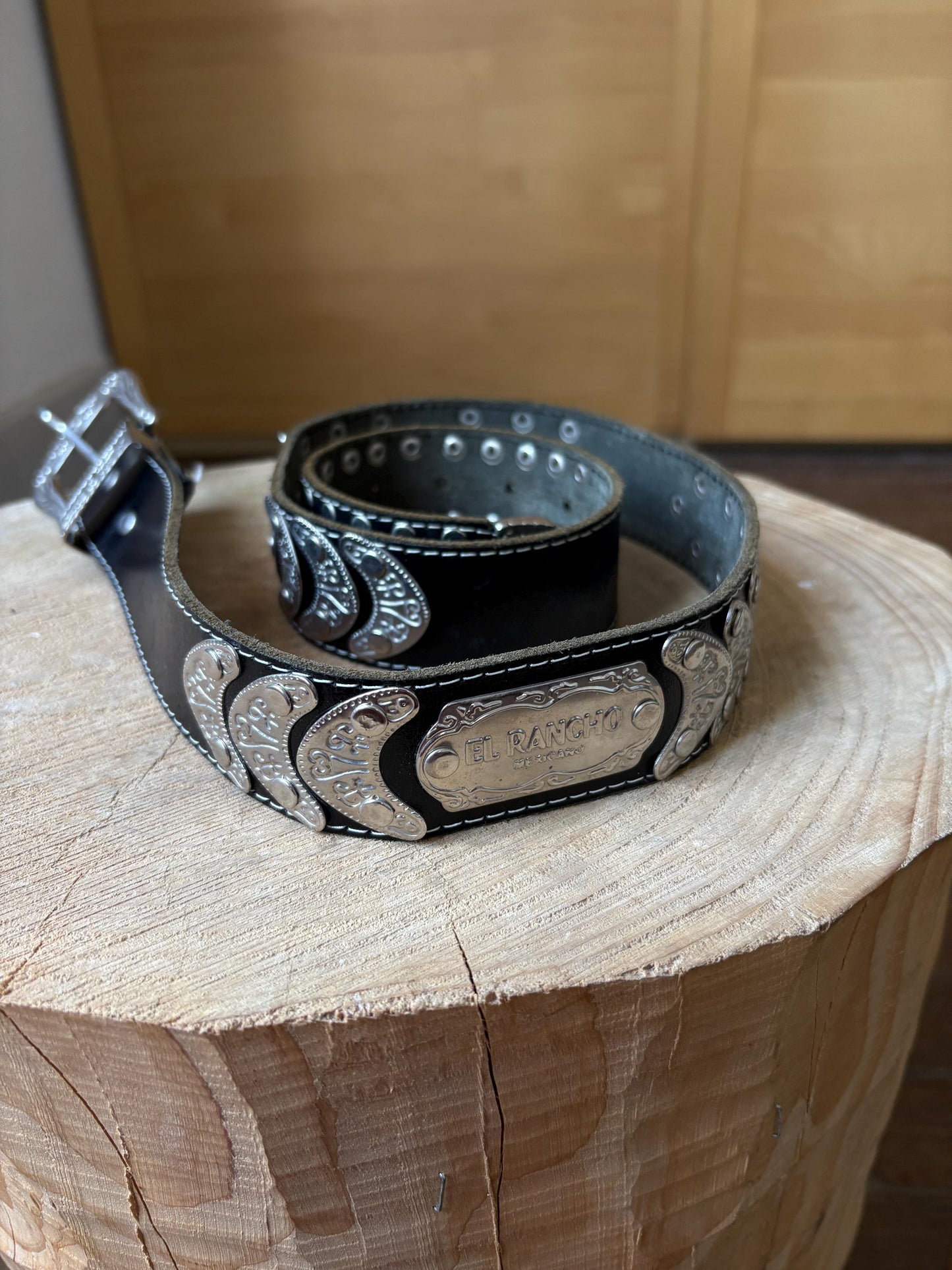 El Rancho Mexicano black leather belt, genuine leather, western style, silver, tone engraved buckle, vintage accessory, adjustable fit