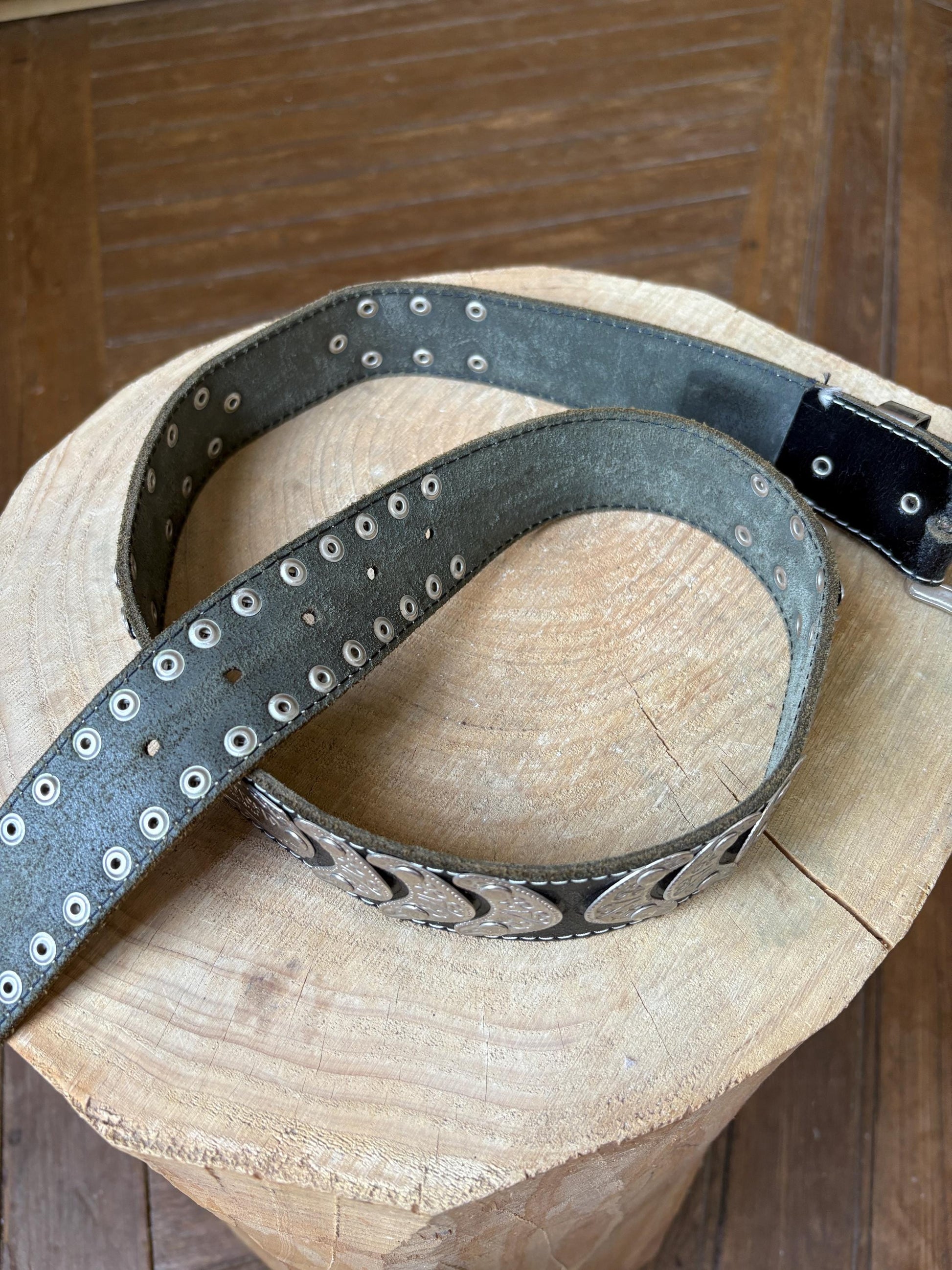 El Rancho Mexicano black leather belt, genuine leather, western style, silver, tone engraved buckle, vintage accessory, adjustable fit