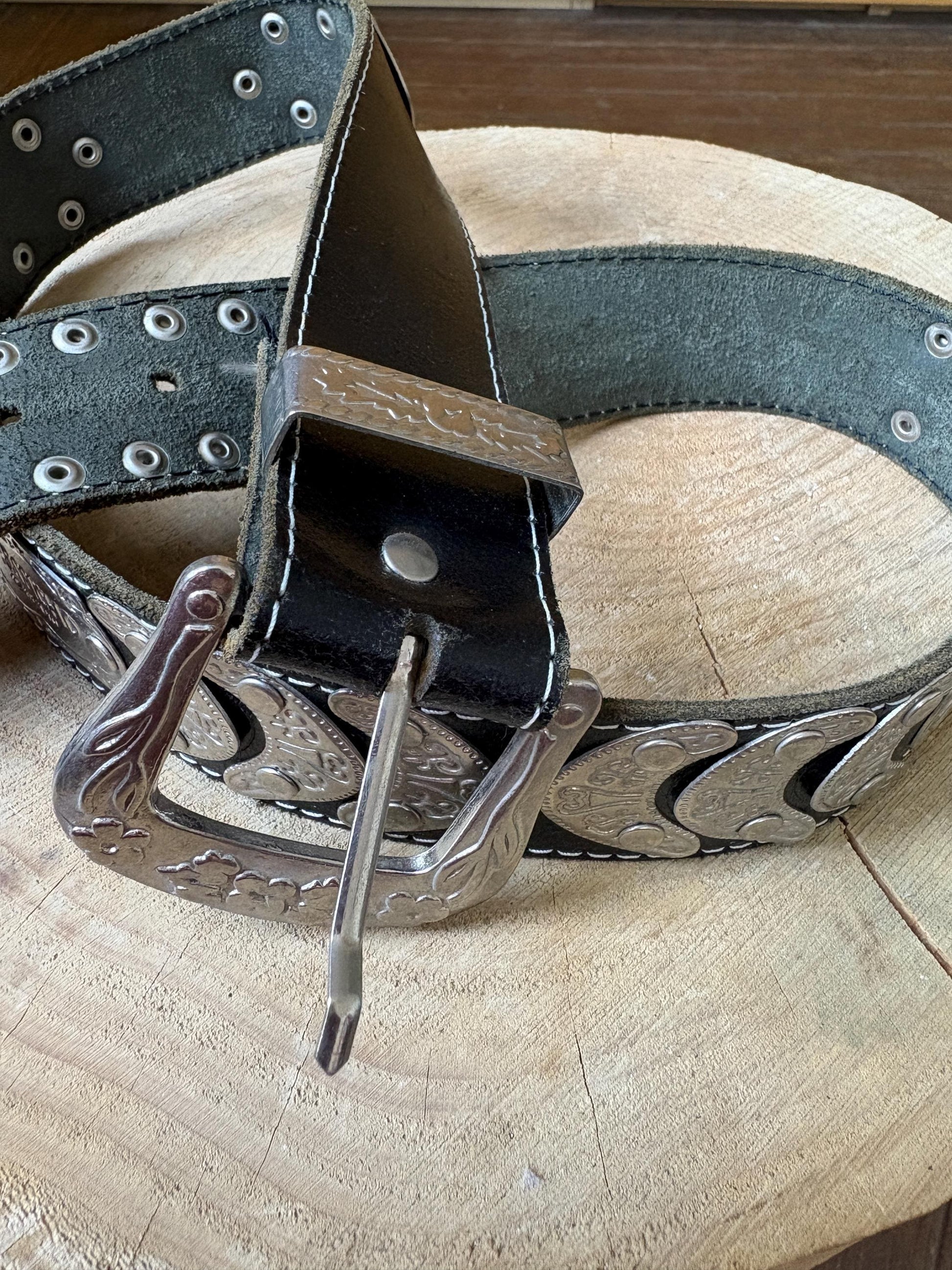 El Rancho Mexicano black leather belt, genuine leather, western style, silver, tone engraved buckle, vintage accessory, adjustable fit