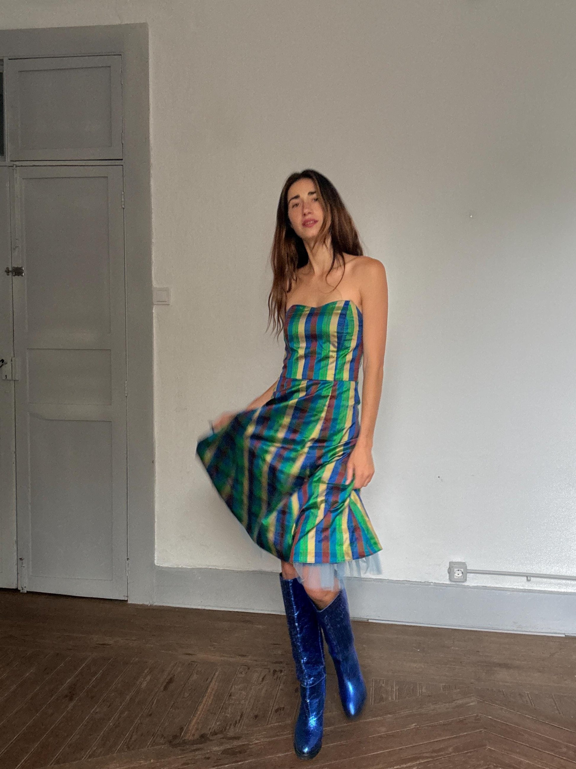 Vibrant handmade multicolor strapless dress, fitted silhouette, festival vibe, US S, party attire