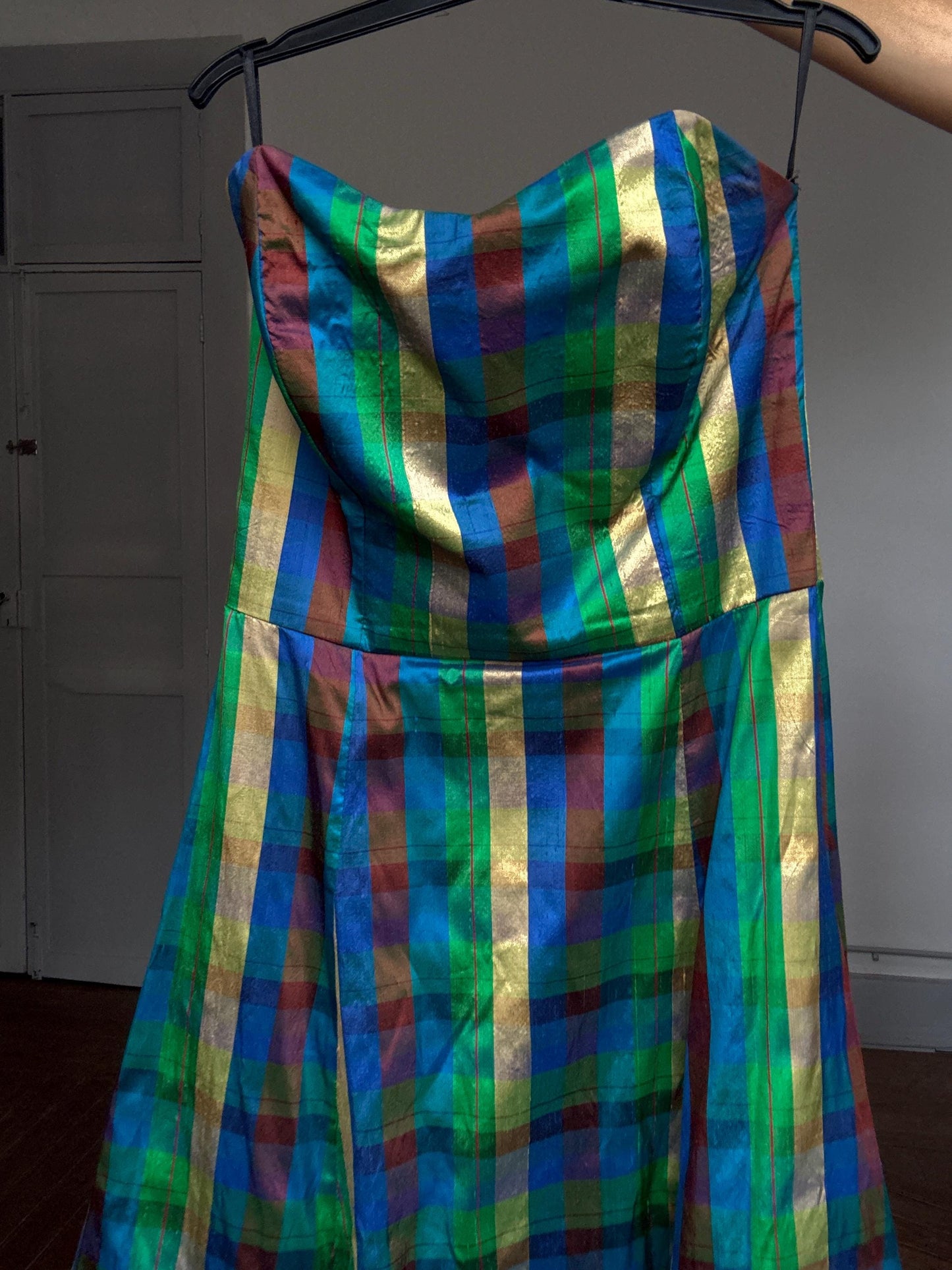 Vibrant handmade multicolor strapless dress, fitted silhouette, festival vibe, US S, party attire