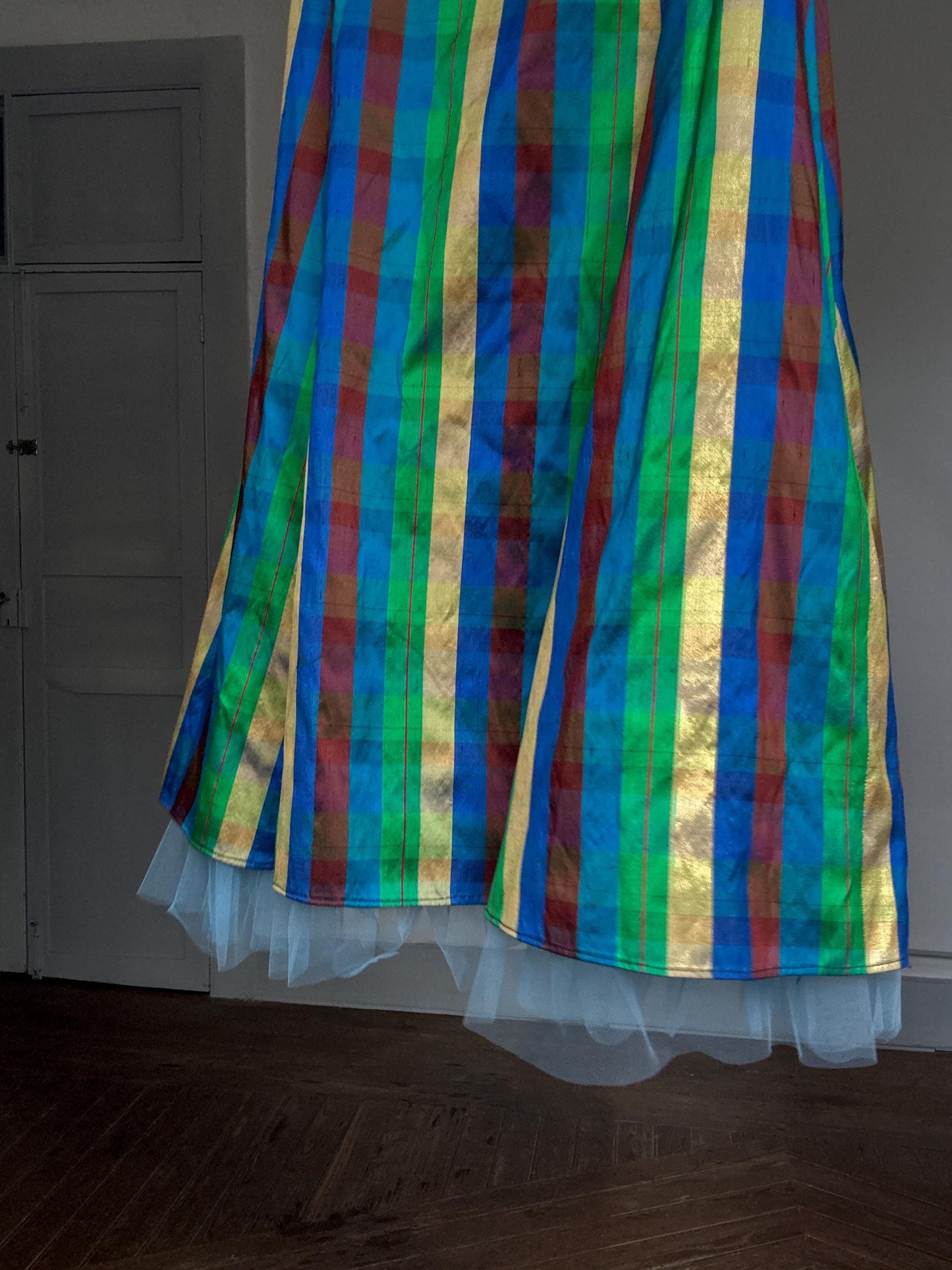 Vibrant handmade multicolor strapless dress, fitted silhouette, festival vibe, US S, party attire