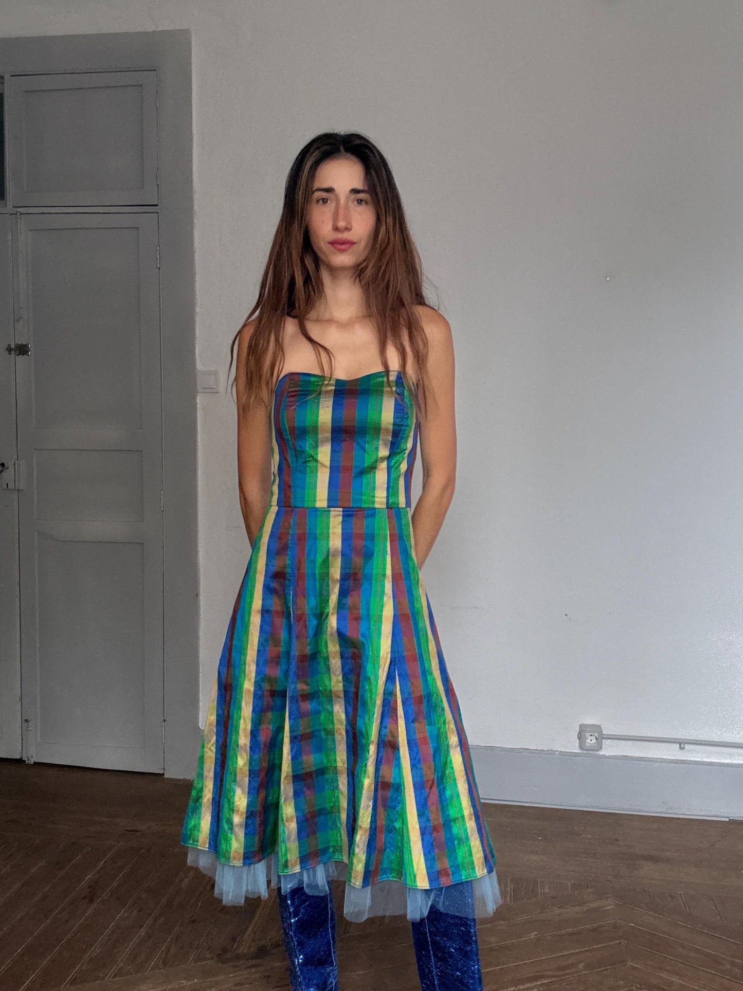 Vibrant handmade multicolor strapless dress, fitted silhouette, festival vibe, US S, party attire