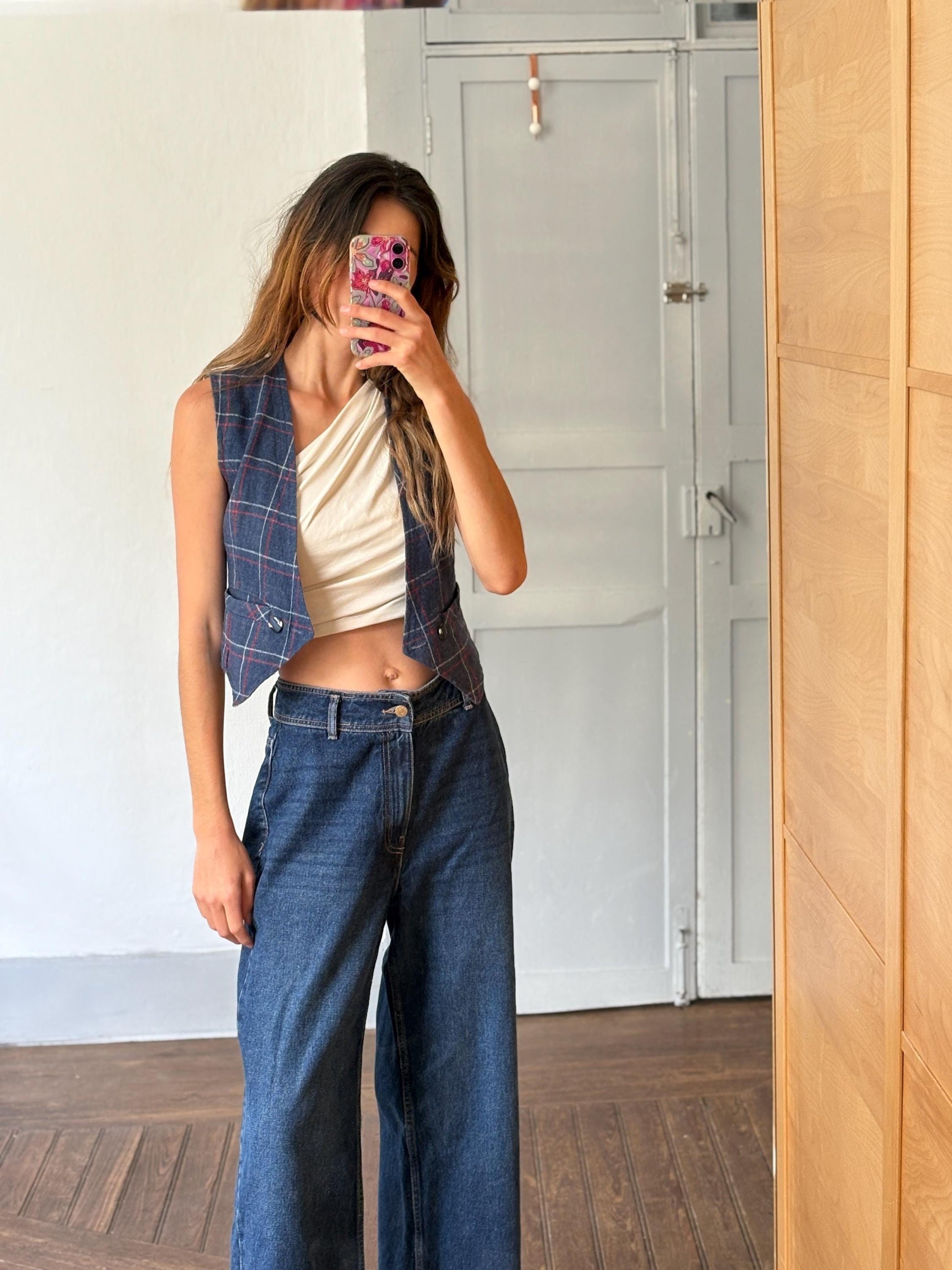 Vintage navy plaid waistcoat, wool feel, tailored fit, single button detail, dark academia, US S, campus style