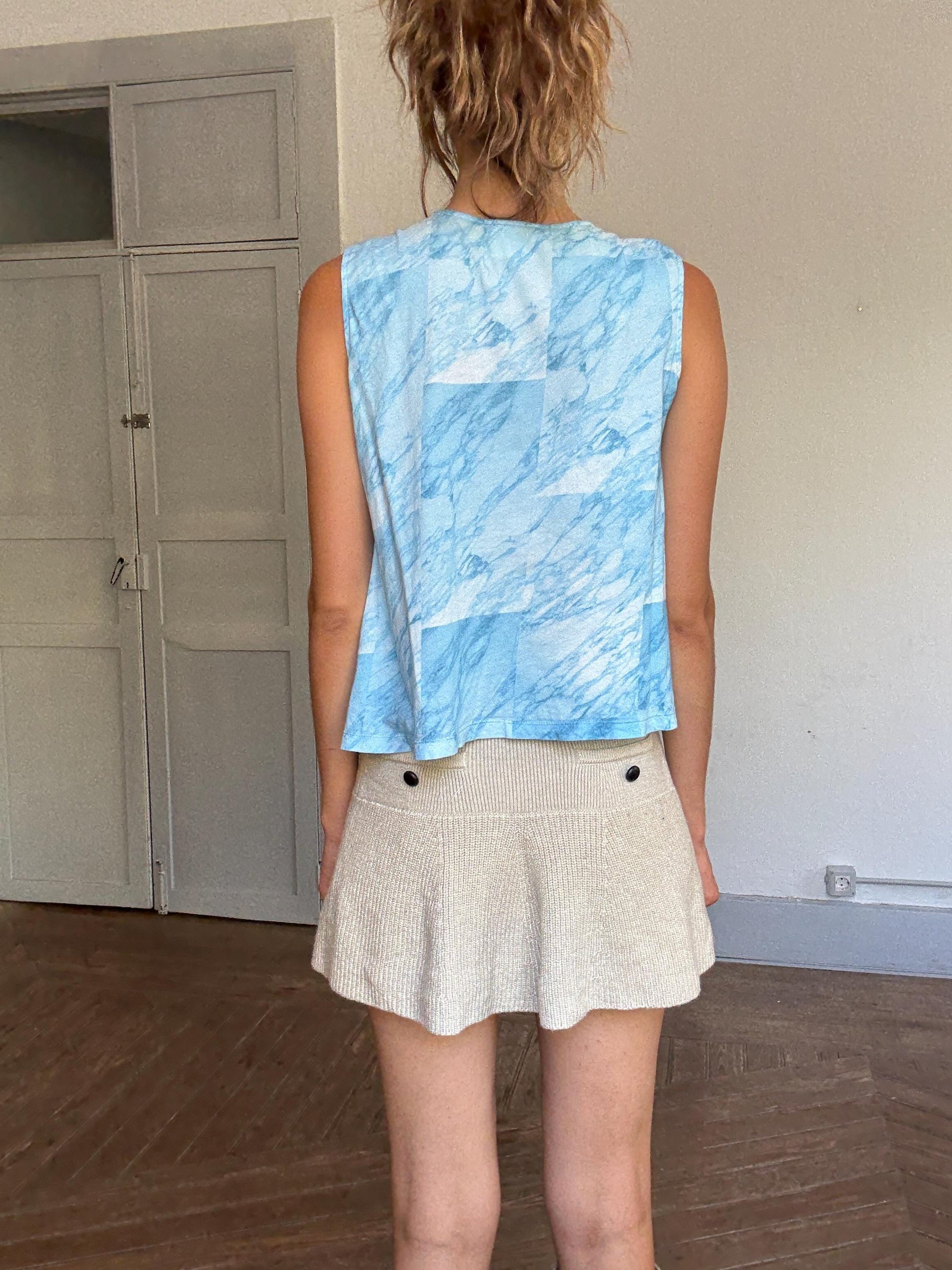 Vintage Spanish designer blue white tie dye camisole, 100% cotton, relaxed fit, orange beaded detail, bohemian y2k vibe, US XS