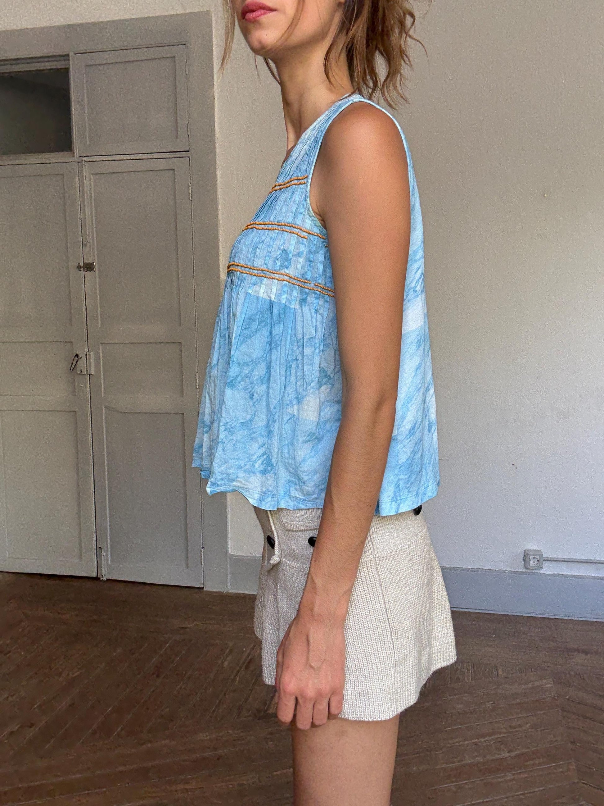 Vintage Spanish designer blue white tie dye camisole, 100% cotton, relaxed fit, orange beaded detail, bohemian y2k vibe, US XS