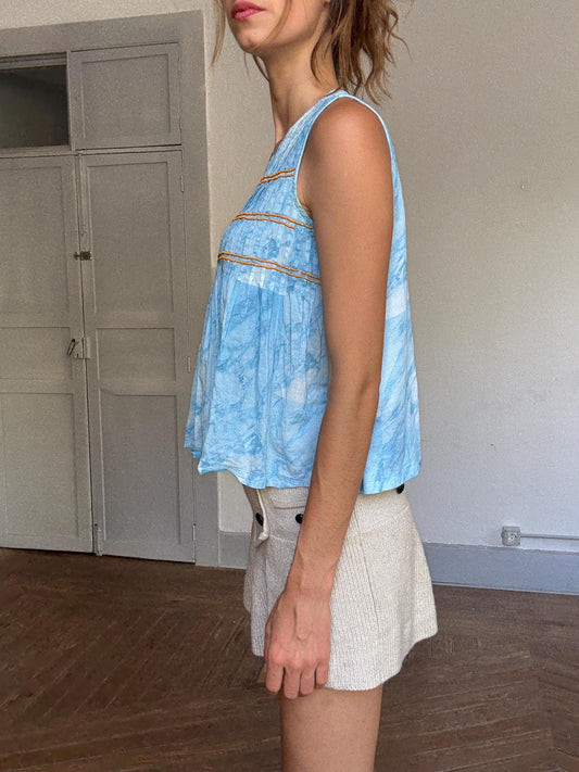 Vintage Spanish designer blue white tie dye camisole, 100% cotton, relaxed fit, orange beaded detail, bohemian y2k vibe, US XS